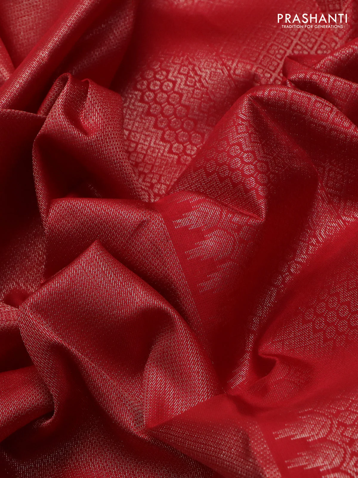 Pure soft silk saree red with allover silver zari woven brocade weaves in borderless style - Image 3