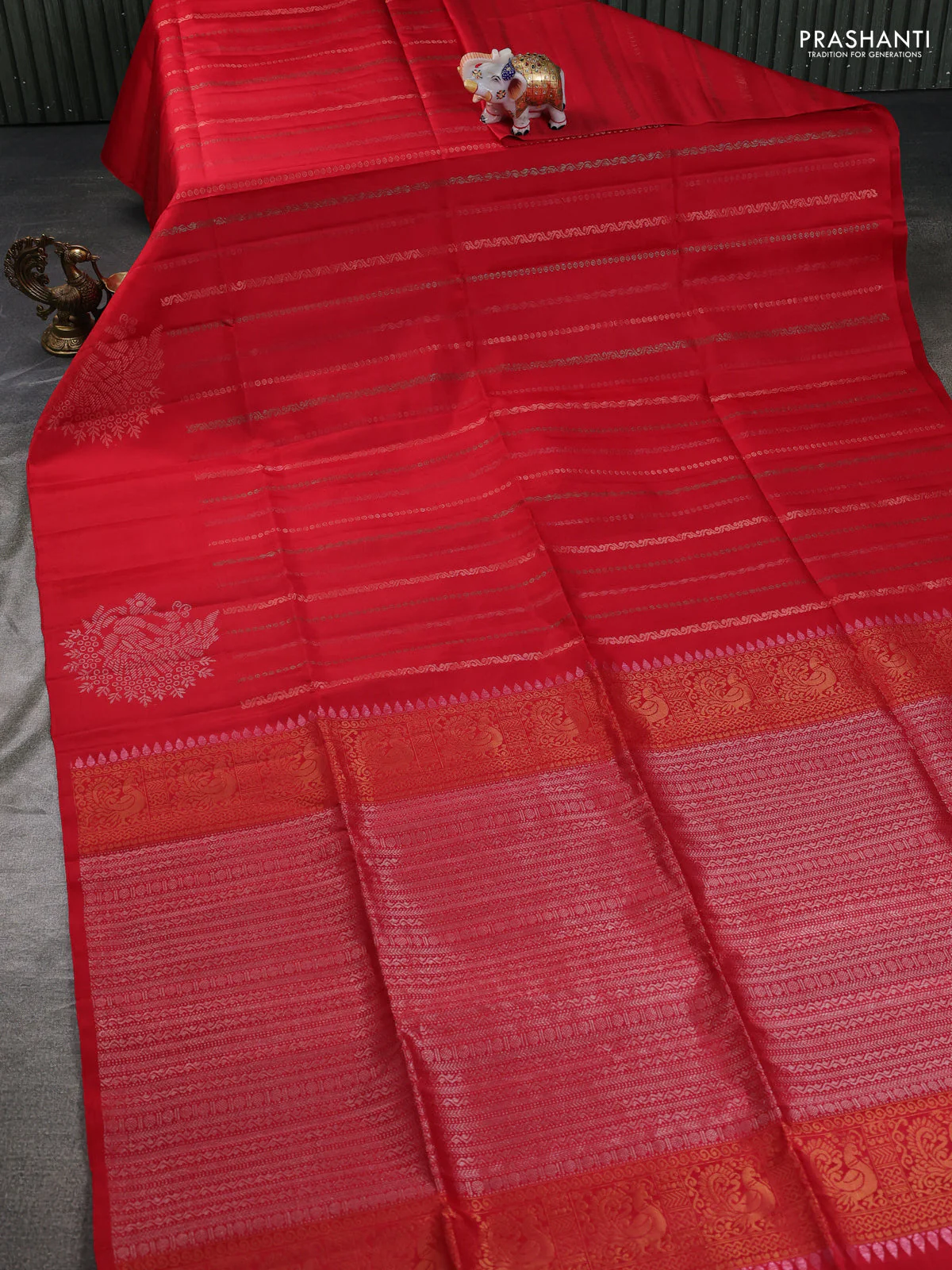 Pure soft silk saree red with allover zari weaves in borderless style - Image 2