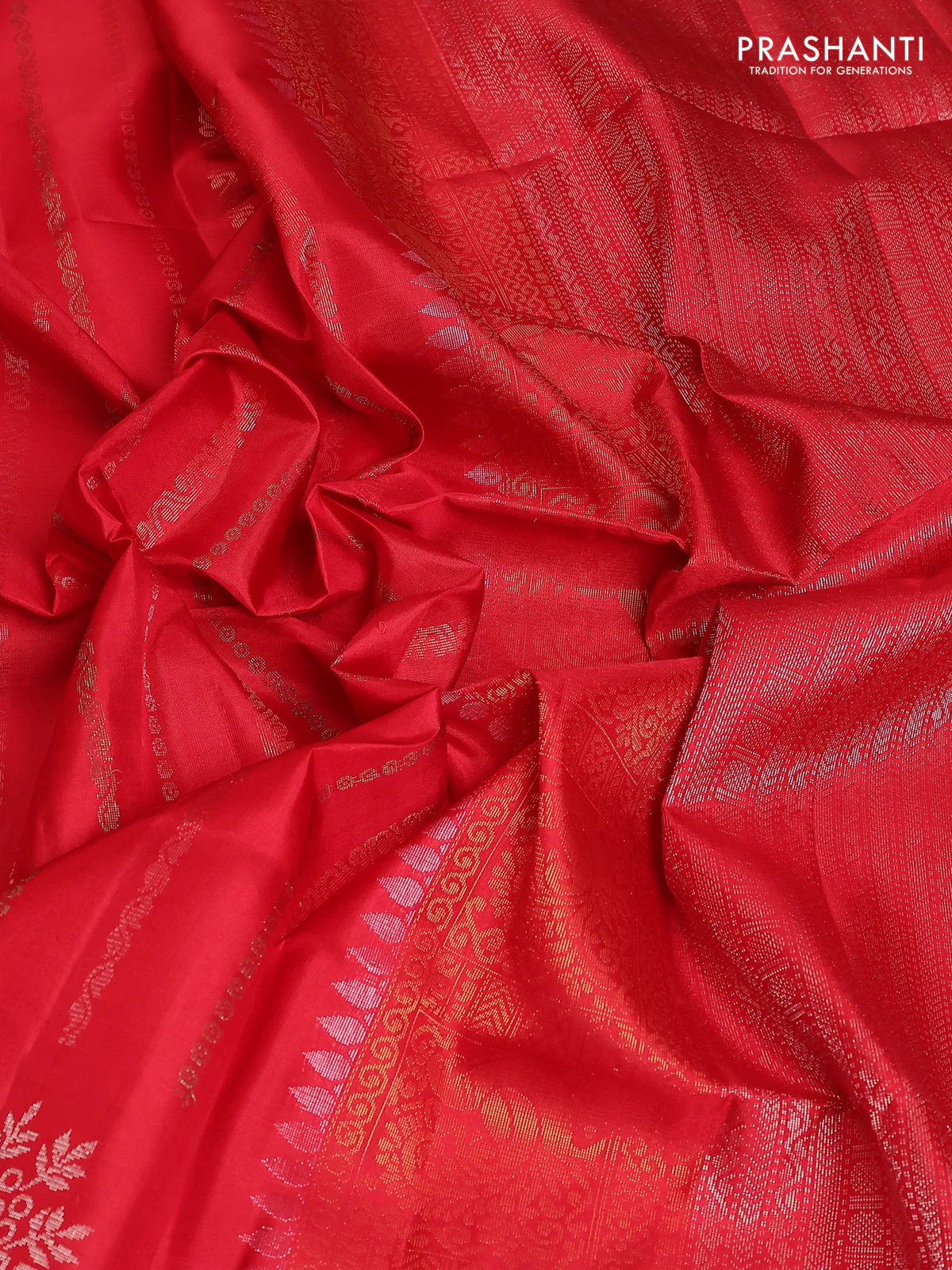 Pure soft silk saree red with allover zari weaves in borderless style - Image 3