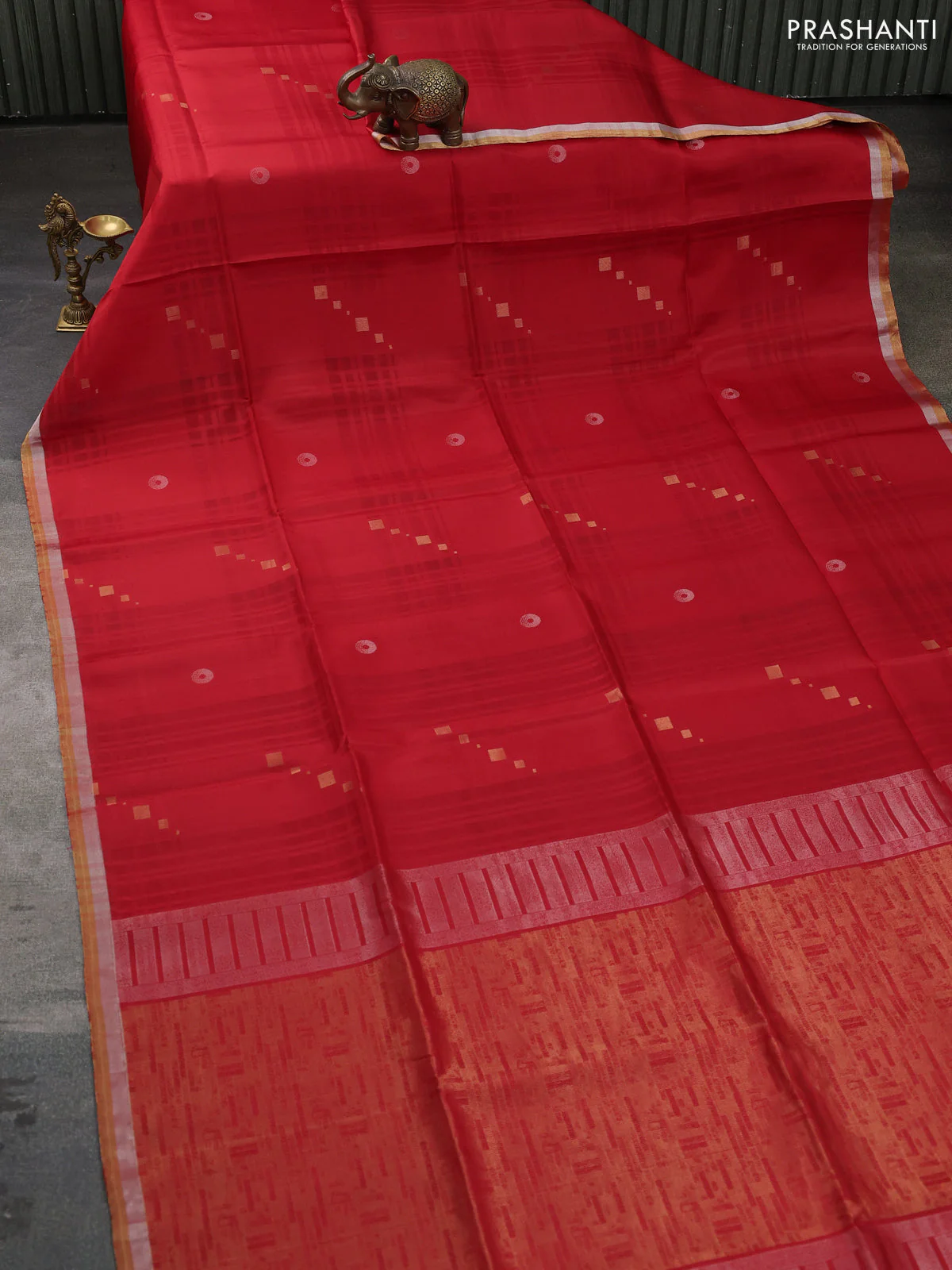Pure soft silk saree red with zari woven geometric buttas and silver & gold zari woven border - Image 2