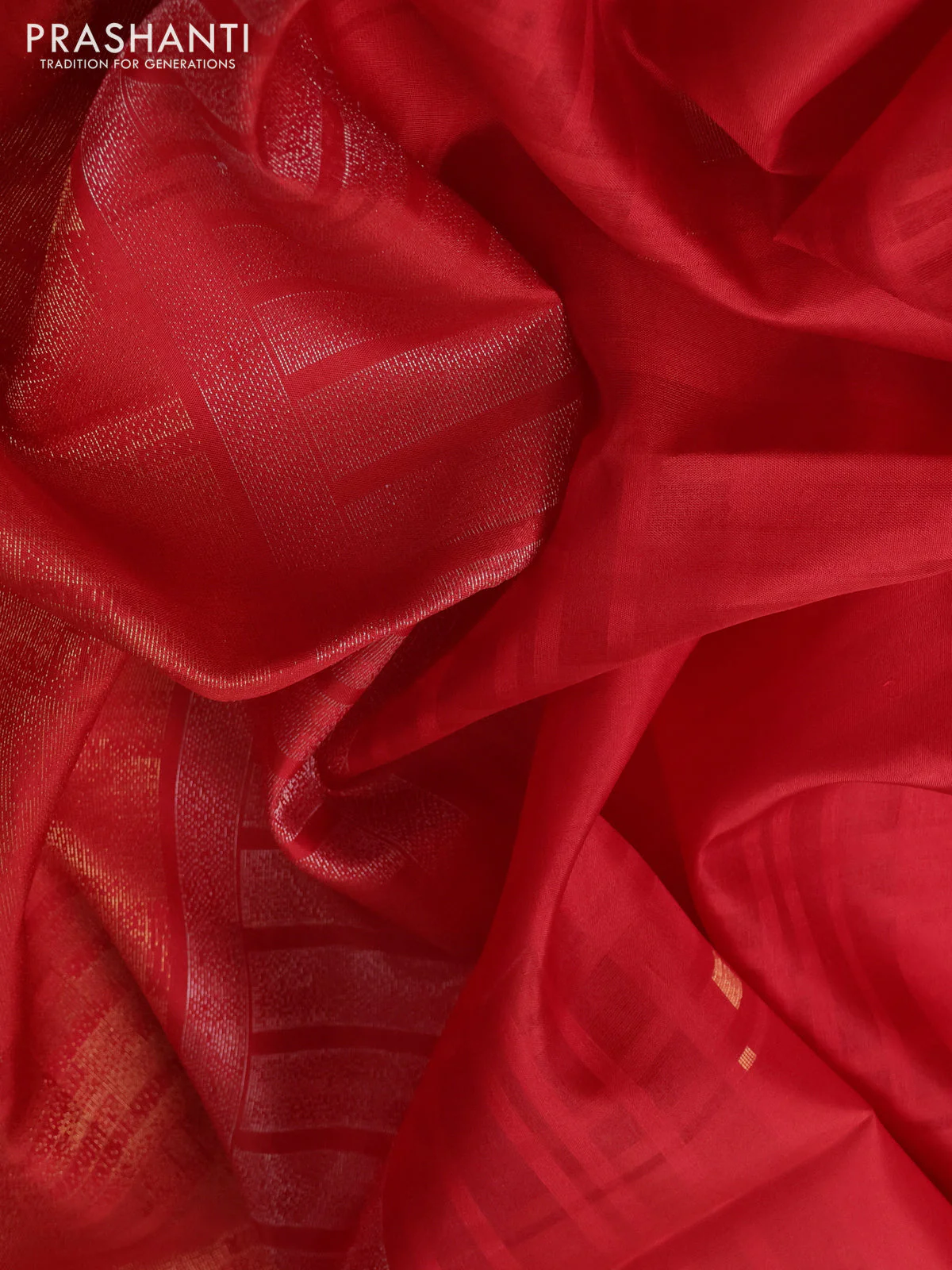 Pure soft silk saree red with zari woven geometric buttas and silver & gold zari woven border - Image 3