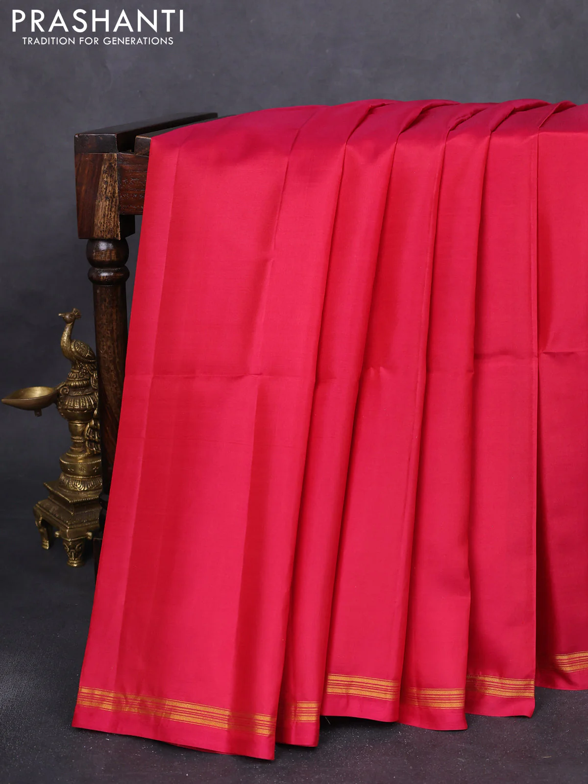 Pure soft silk saree reddish pink and mustard yellow with plain body and kalamkari hand painted pallu - Image 2