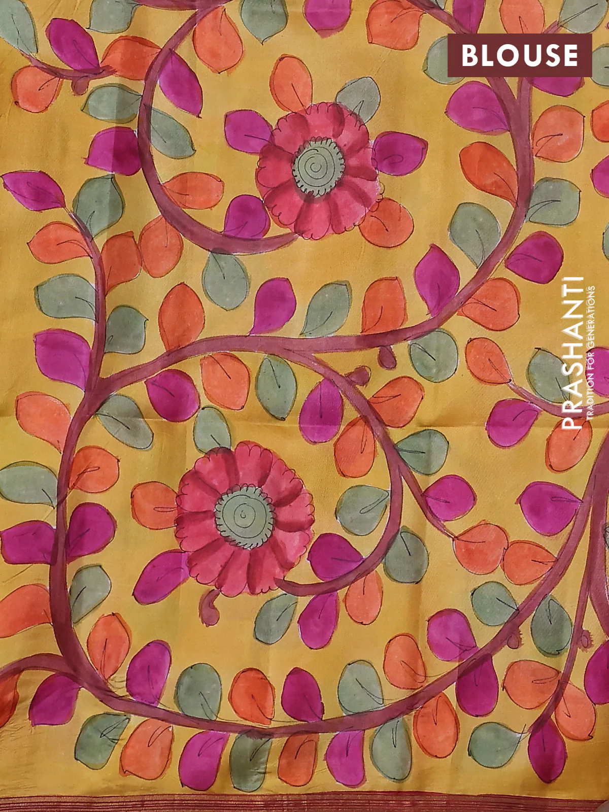 Pure soft silk saree reddish pink and mustard yellow with plain body and kalamkari hand painted pallu - Image 3