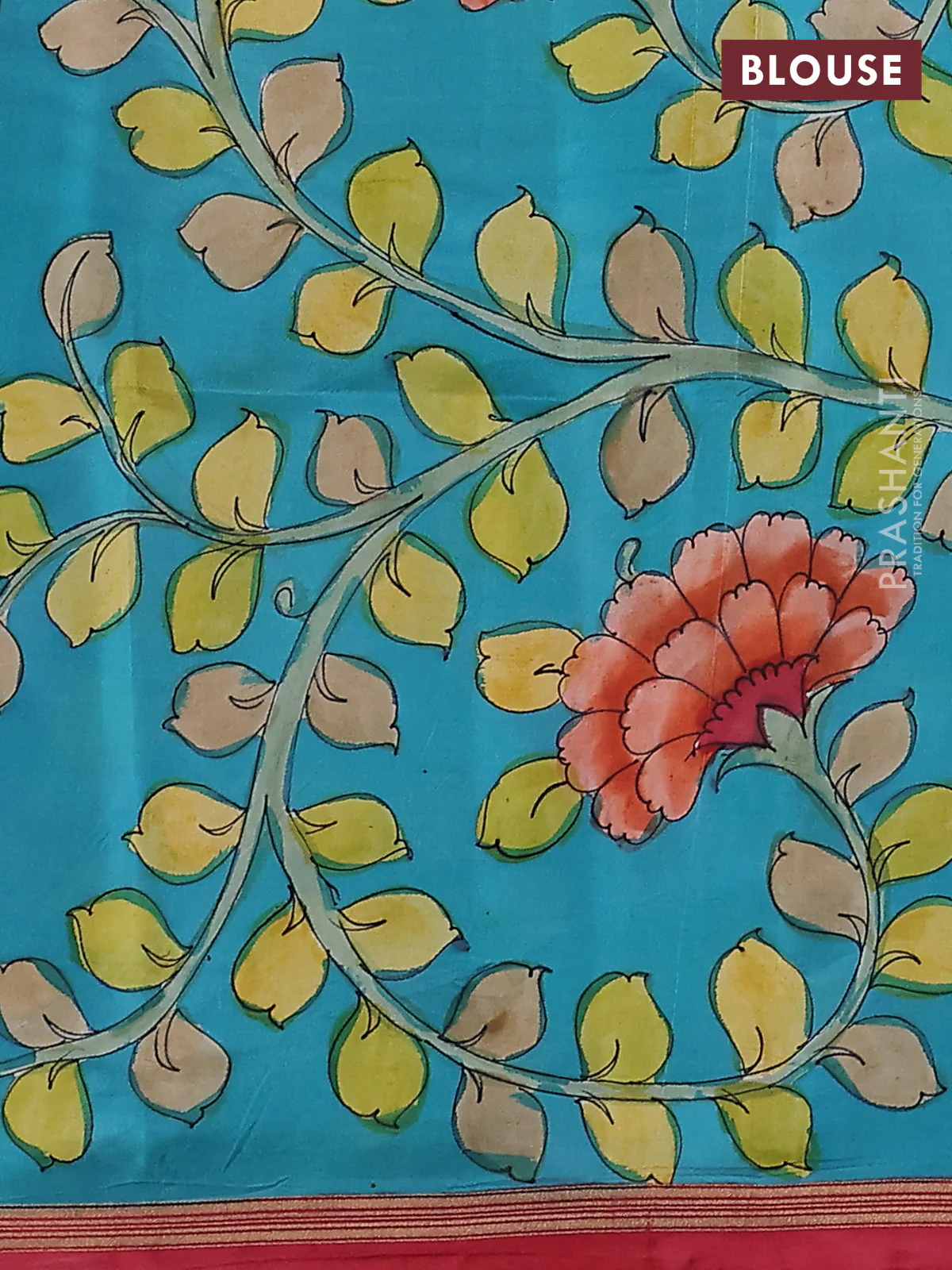 Pure soft silk saree reddish pink and teal blue with plain body and kalamkari hand painted pallu - Image 3