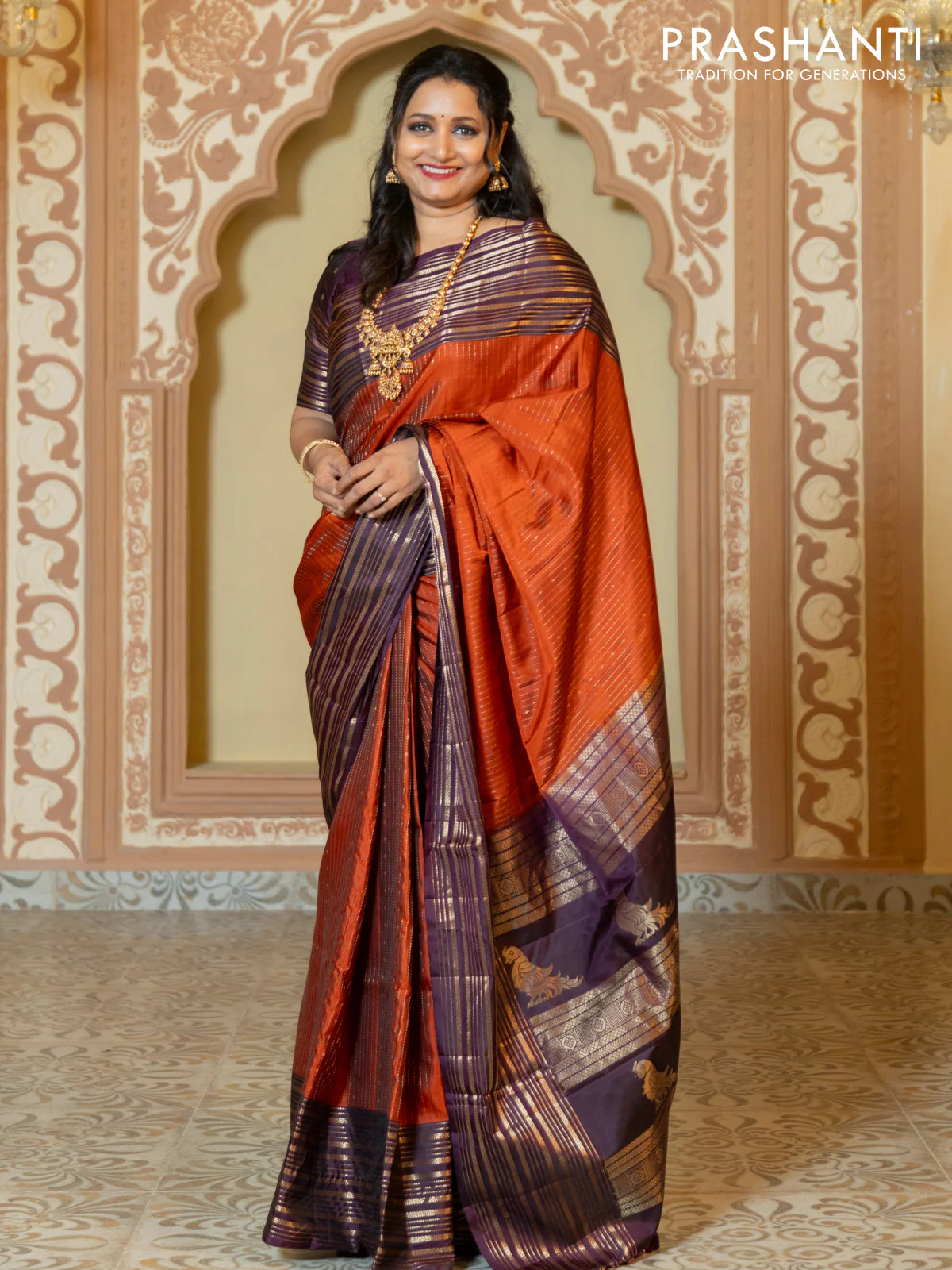 Pure soft silk saree rust and purple with allover zari weaves and long rich zari border - Image 3