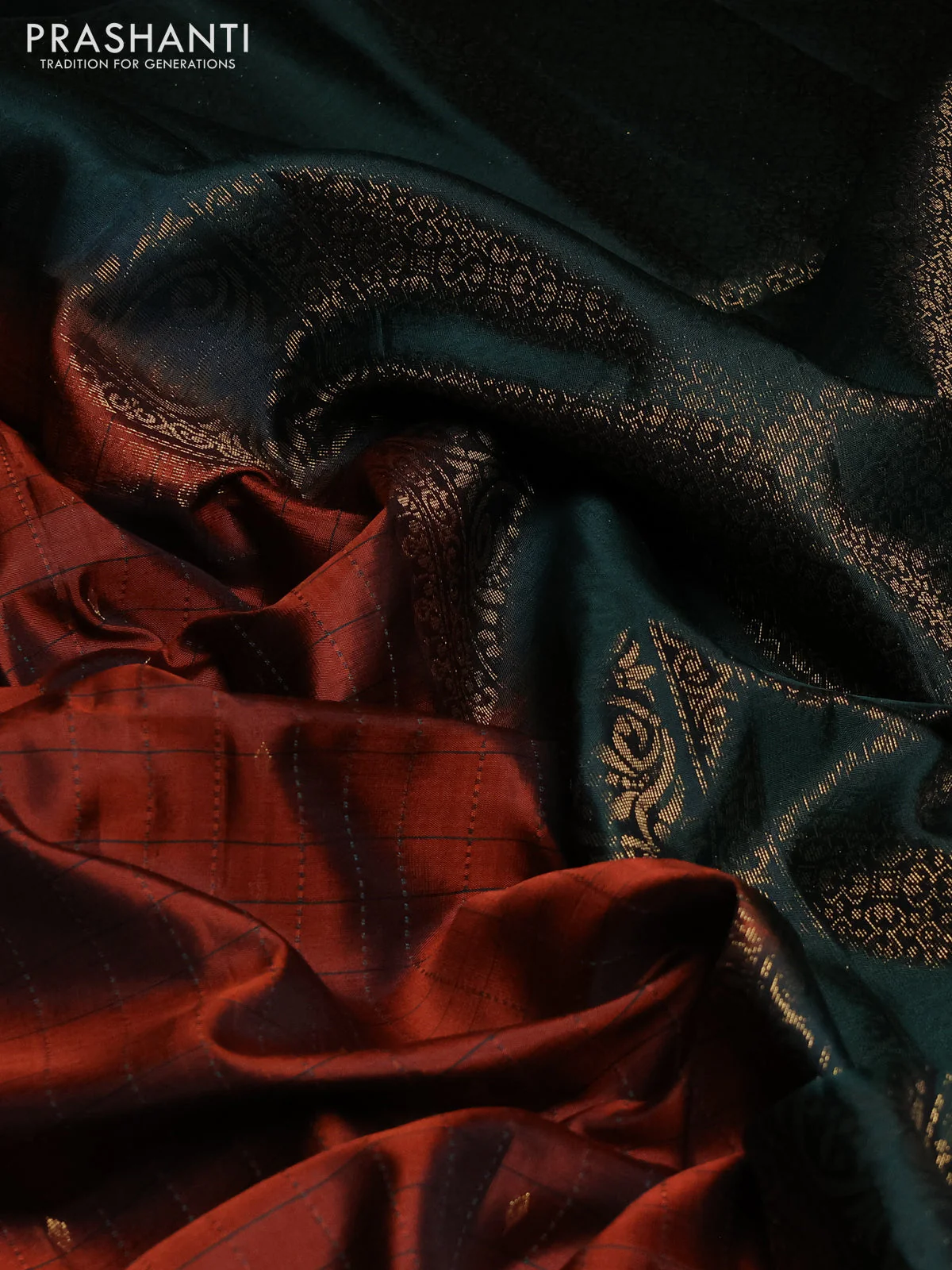 Pure soft silk saree rust shade and bottle green with allover thread checks & zari buttas and zari woven butta border - Image 3