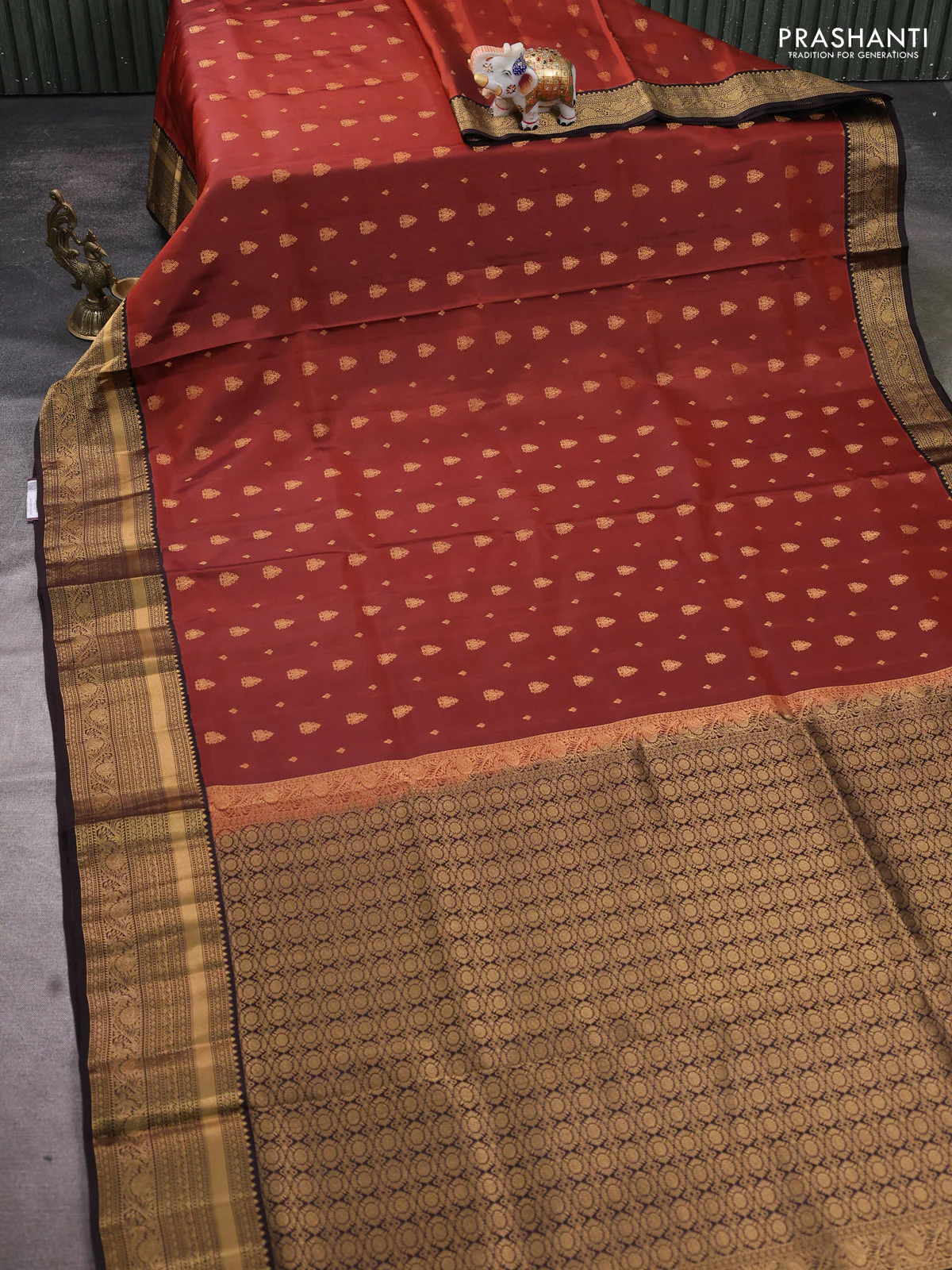 Pure soft silk saree rust shade and coffee brown with allover zari woven buttas and rich zari woven border - Image 2