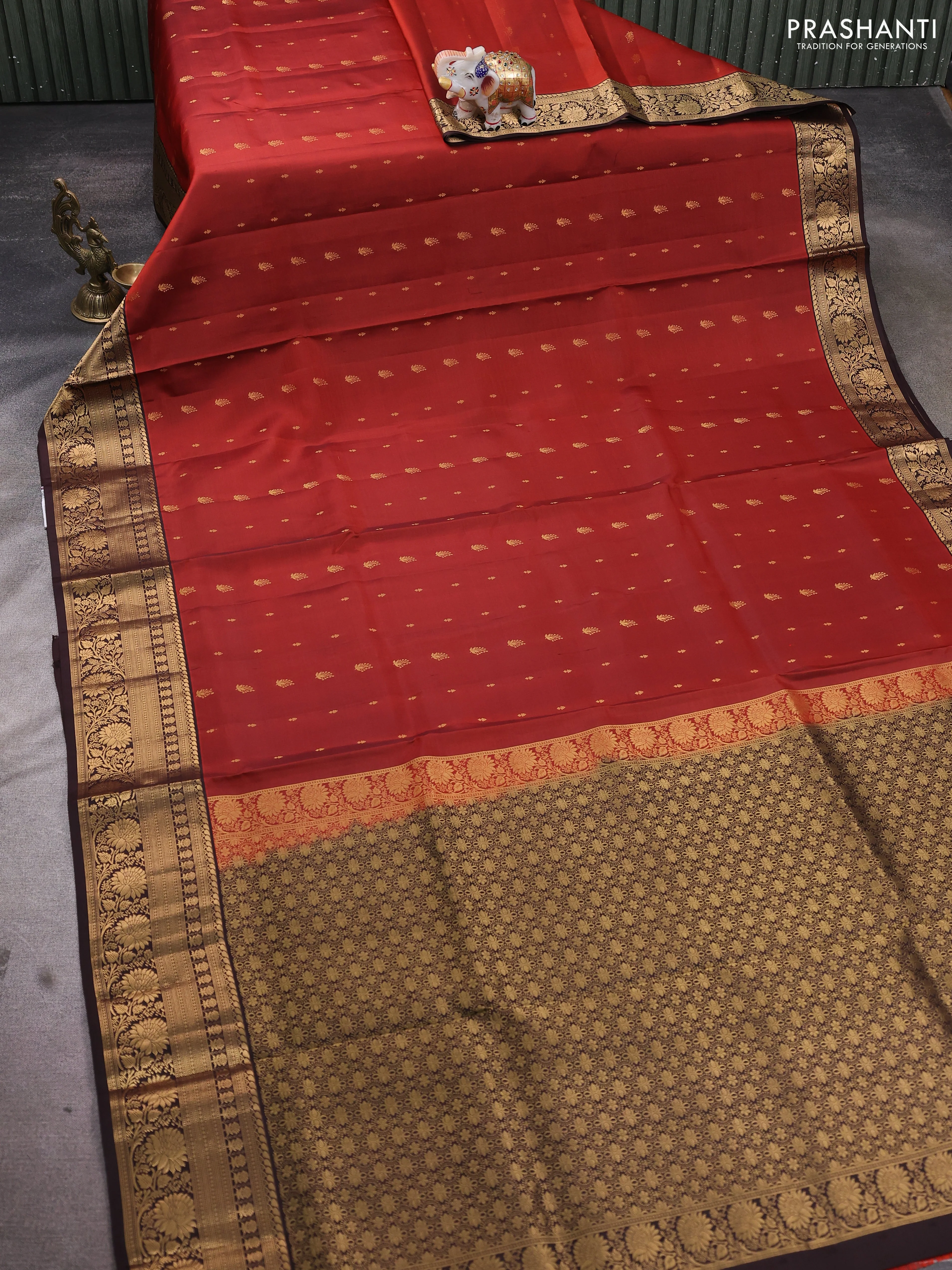 Pure soft silk saree rust shade and coffee brown with allover zari woven buttas and rich zari woven border - Image 2