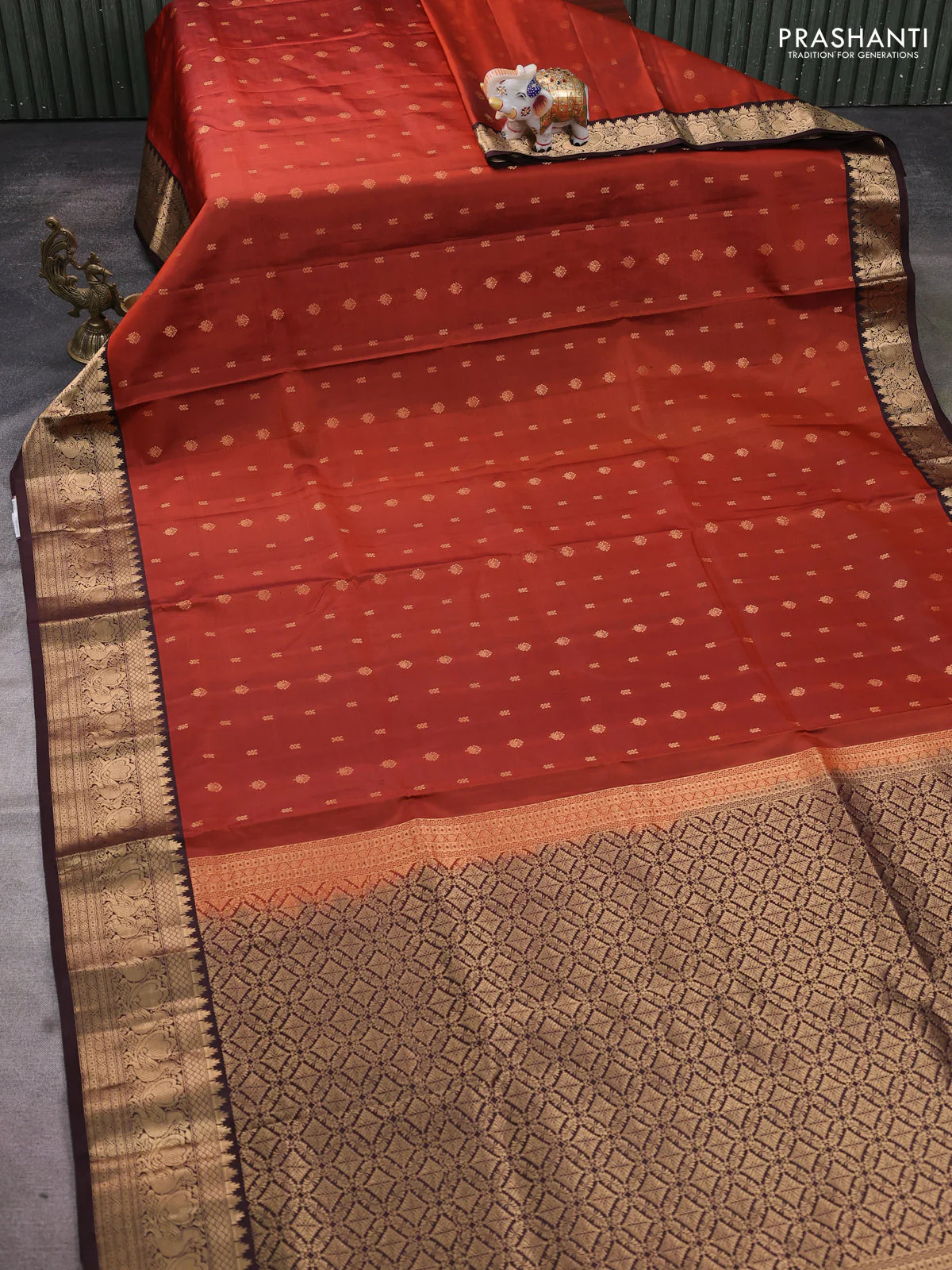 Pure soft silk saree rustic orange and coffee brown with allover zari woven buttas and annam zari woven border - Image 2
