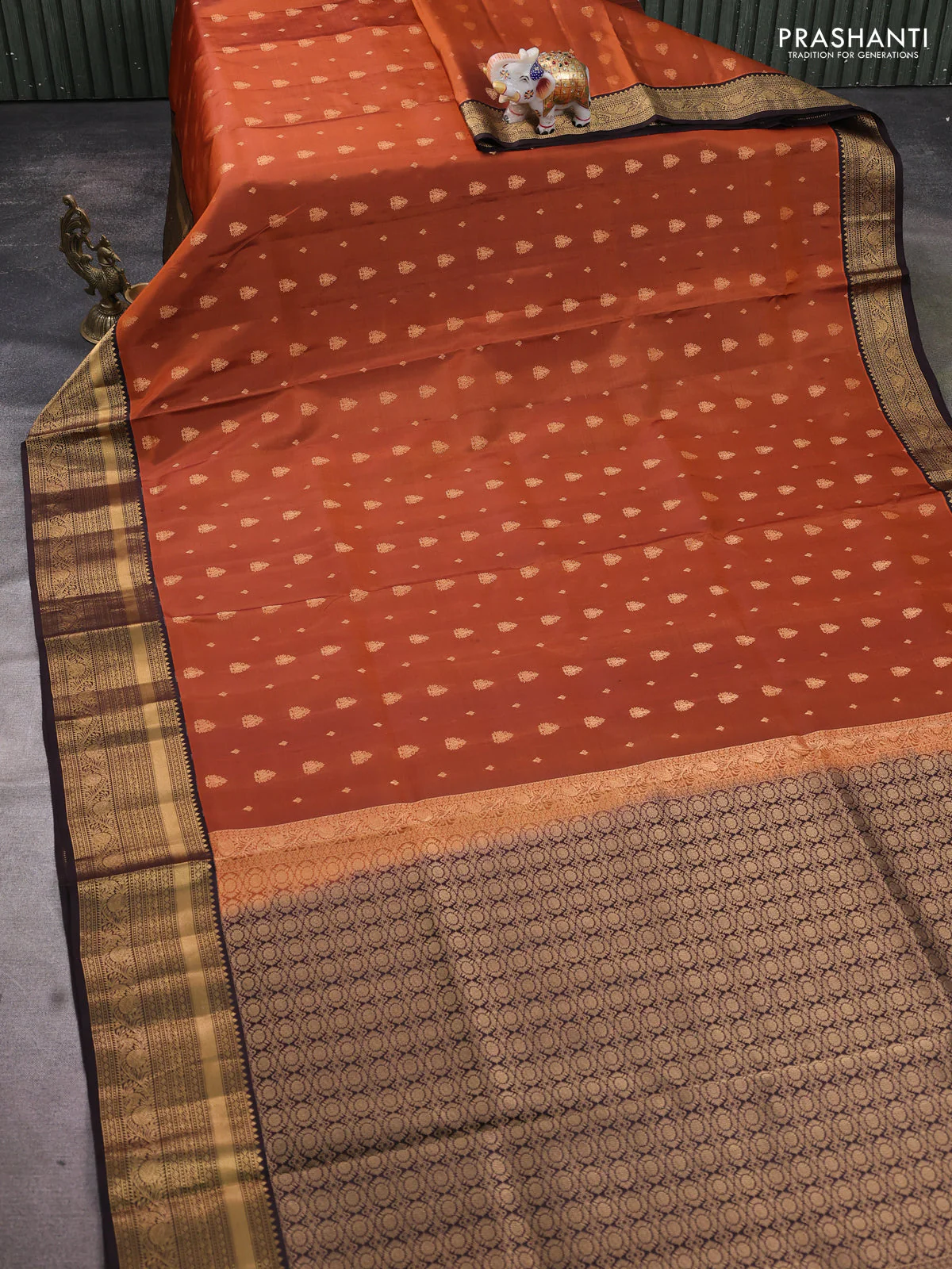 Pure soft silk saree rustic orange and coffee brown with allover zari woven buttas and rich zari woven border - Image 2