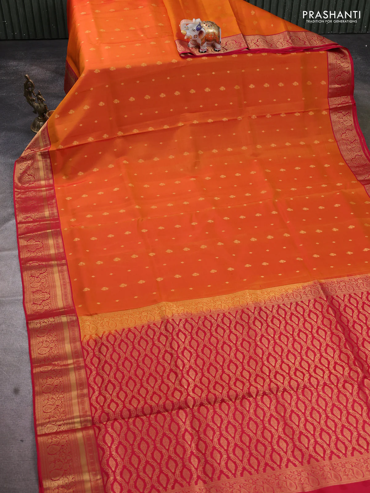 Pure soft silk saree sunset orange and pink with allover zari woven buttas and rich zari woven border - Image 2