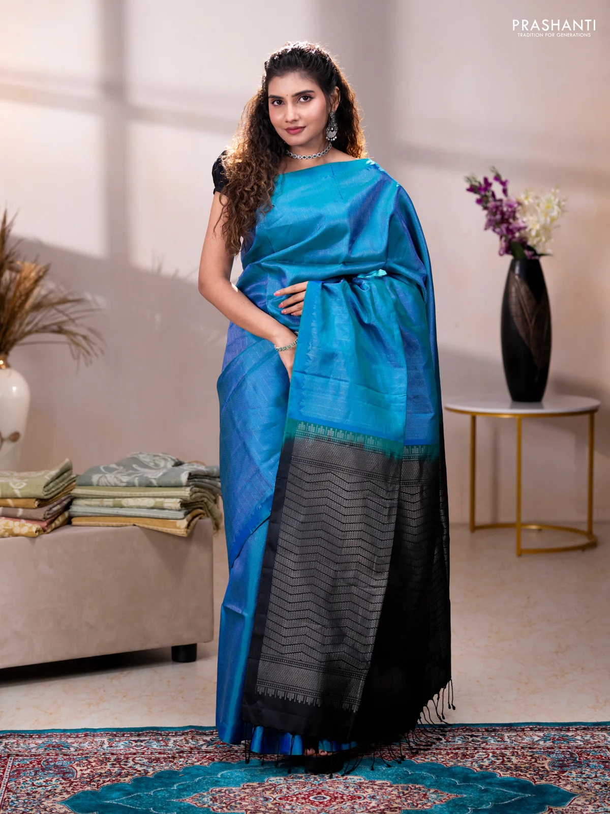 Pure soft silk saree teal blue and black with allover silver brocade weaves in borderless style