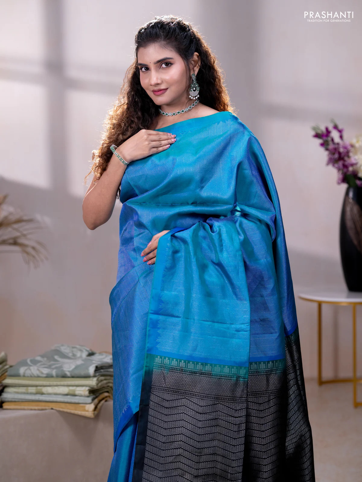 Pure soft silk saree teal blue and black with allover silver brocade weaves in borderless style - Image 2