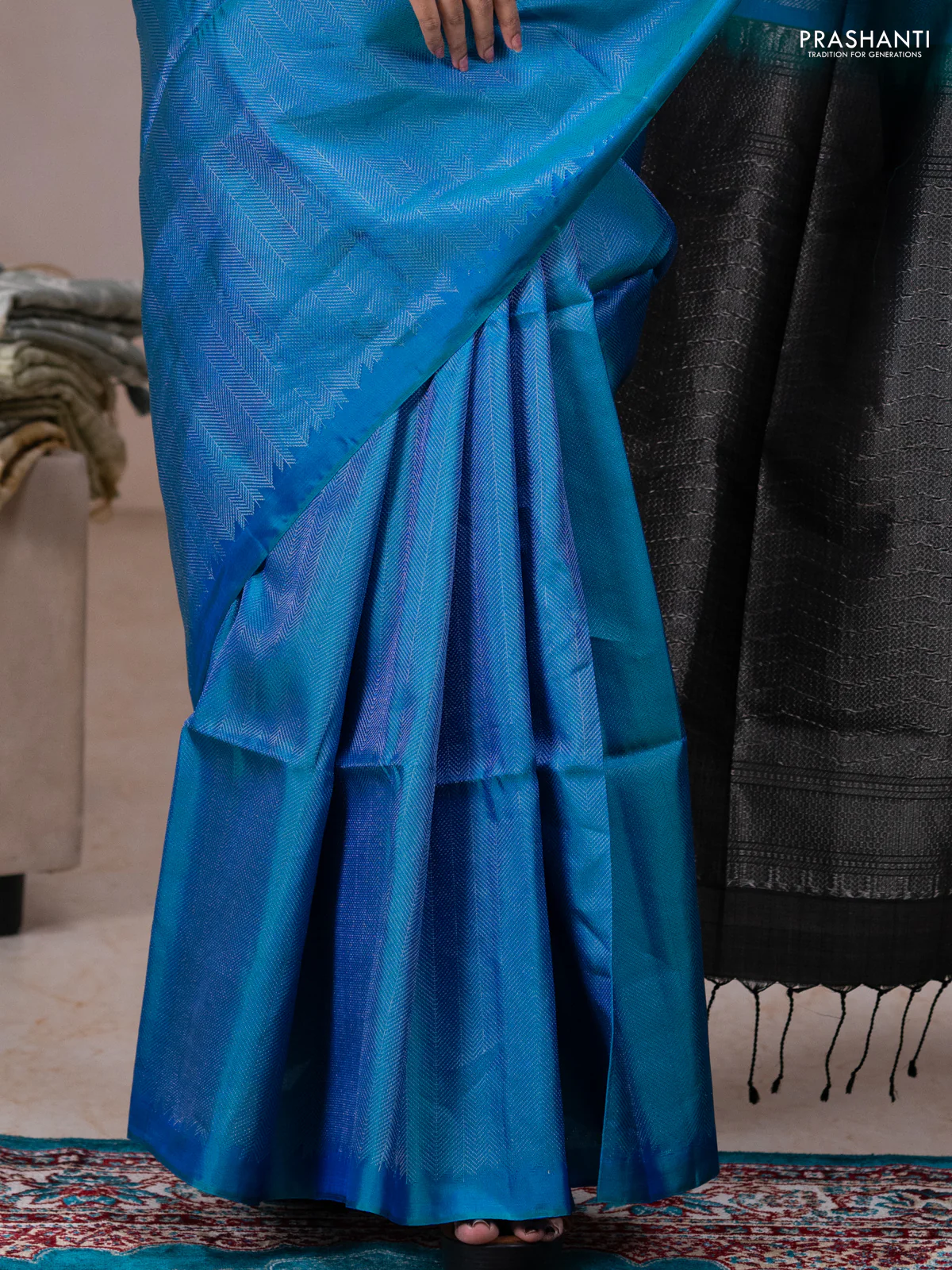 Pure soft silk saree teal blue and black with allover silver brocade weaves in borderless style - Image 3