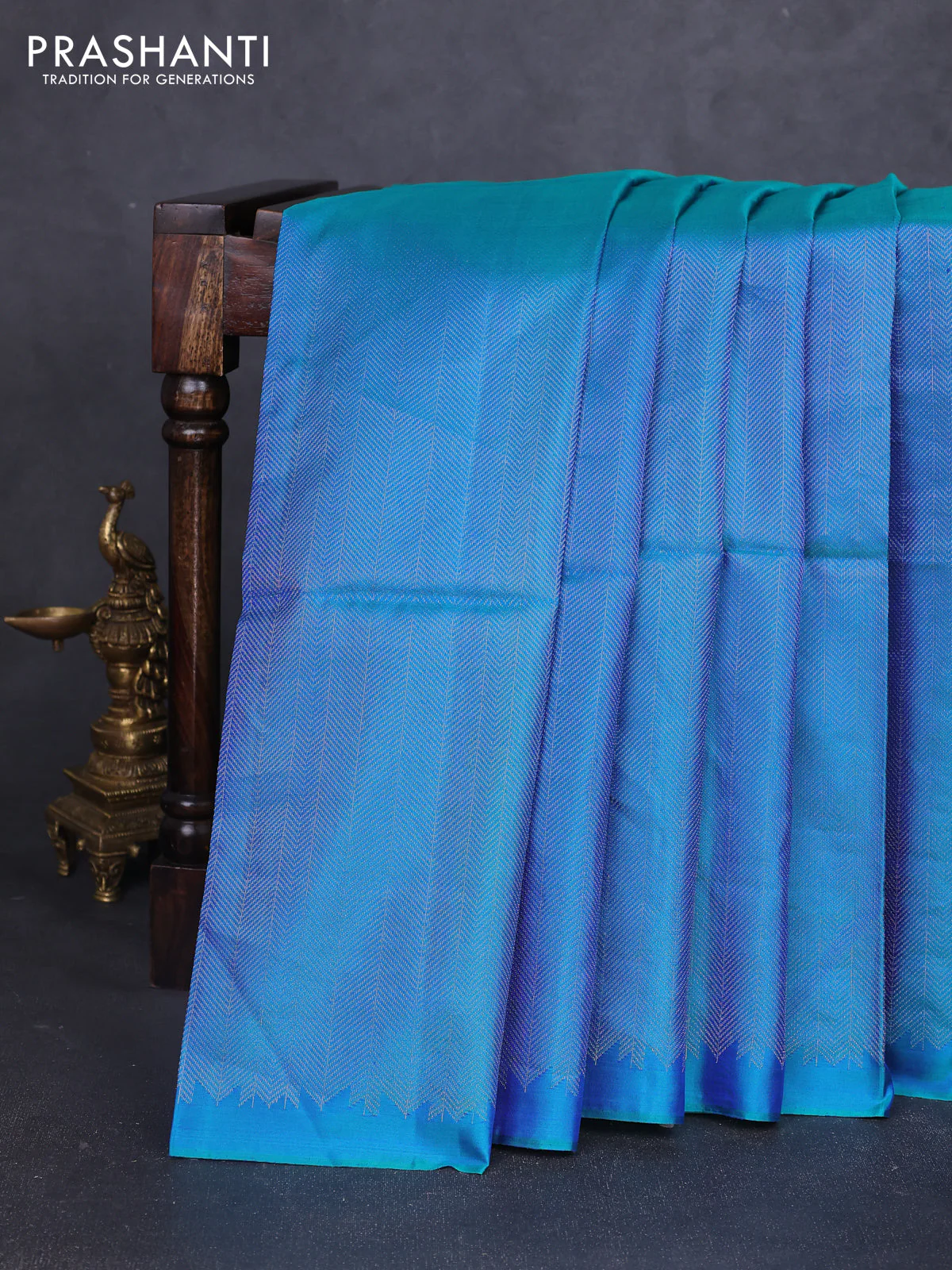 Pure soft silk saree teal blue and black with allover silver brocade weaves in borderless style - Image 4