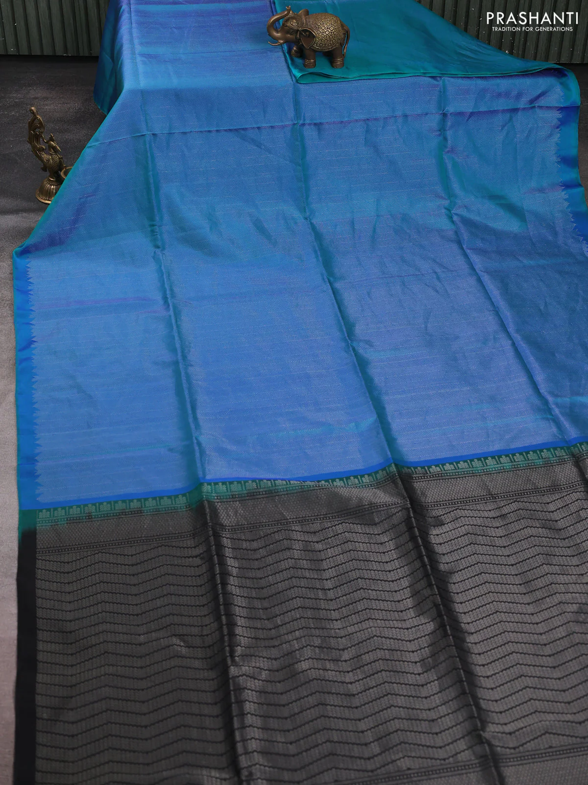 Pure soft silk saree teal blue and black with allover silver brocade weaves in borderless style - Image 5