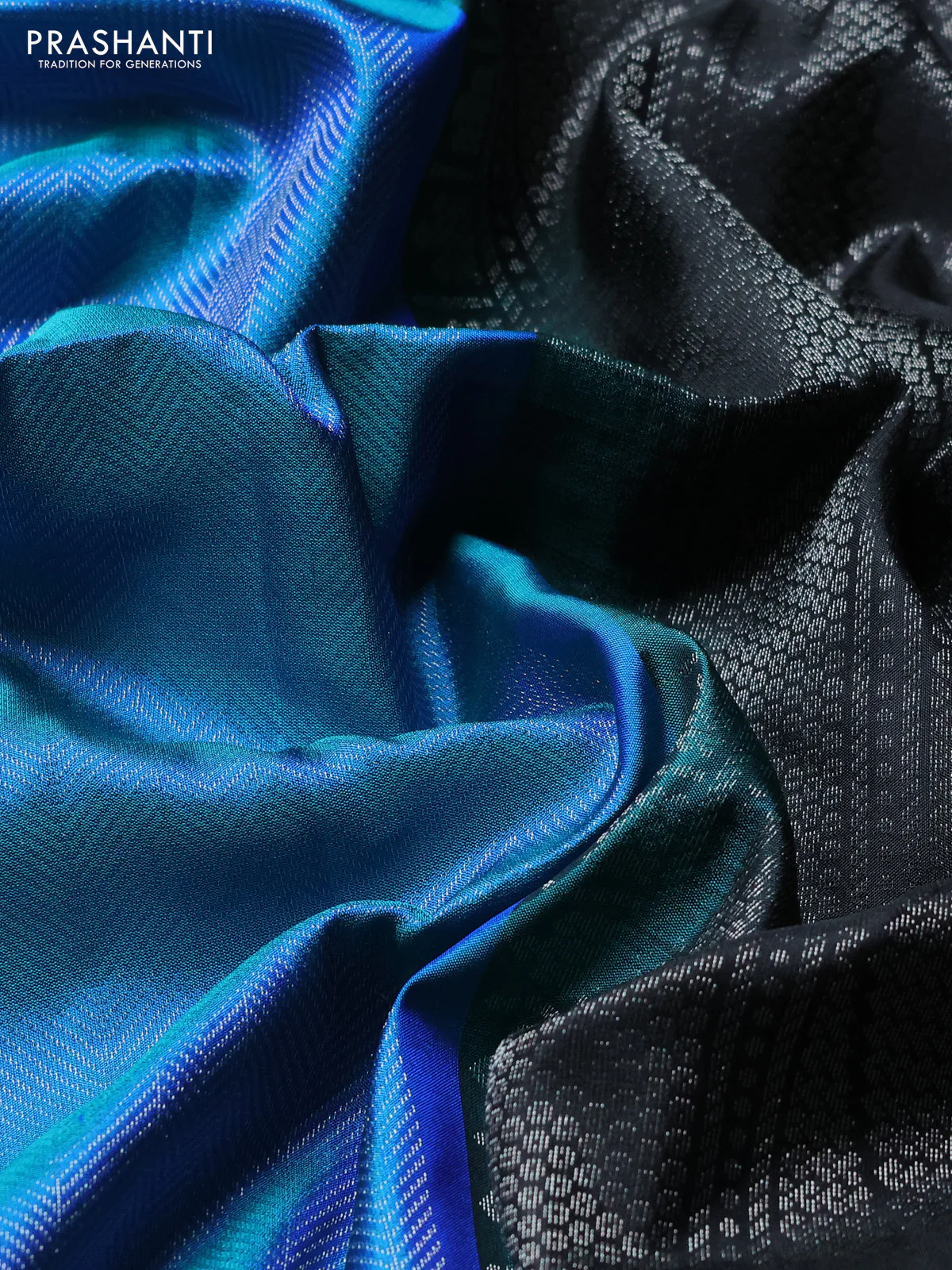 Pure soft silk saree teal blue and black with allover silver brocade weaves in borderless style - Image 6