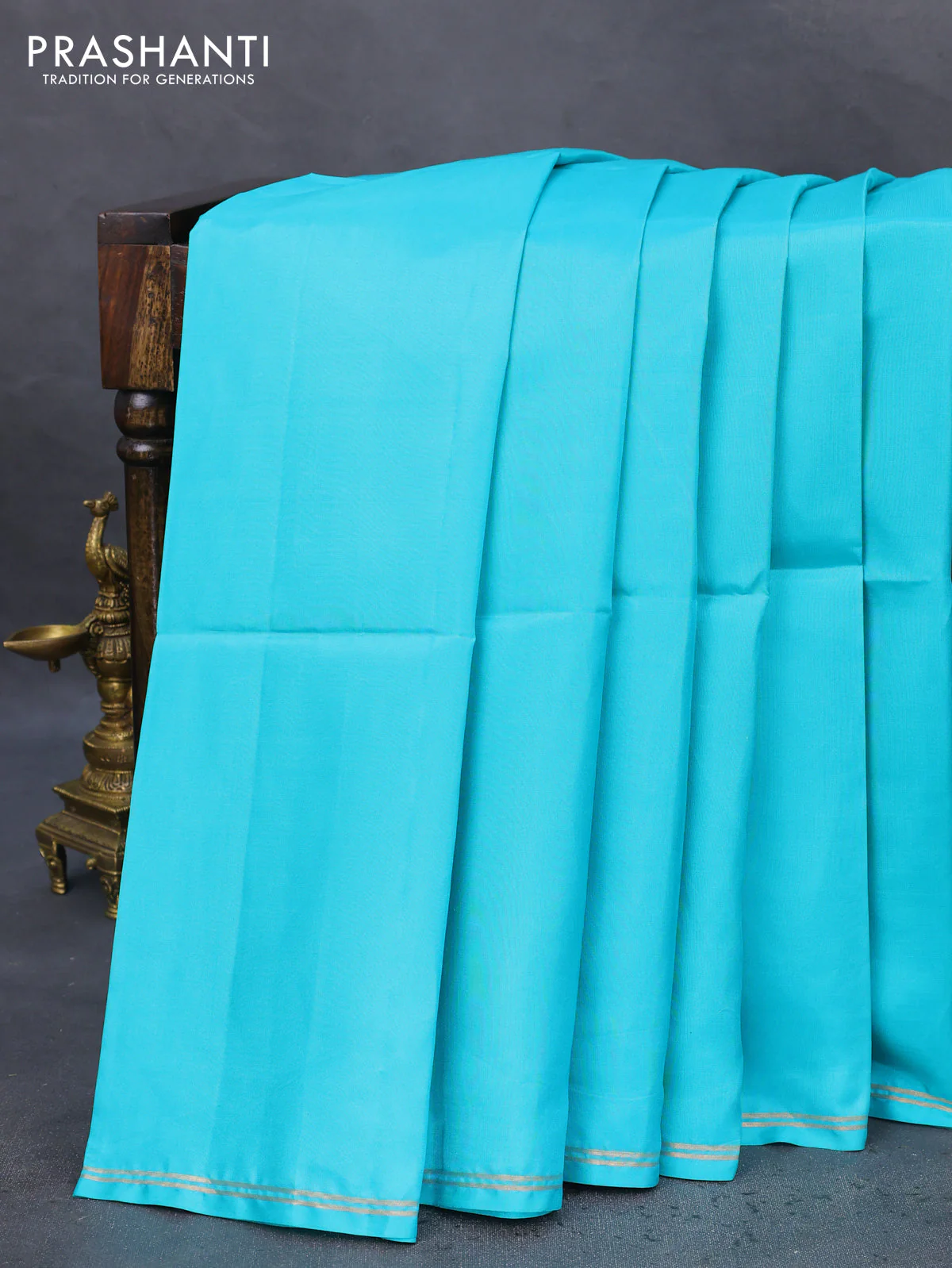 Pure soft silk saree teal blue and brown with plain body and hand painted kalamkari pallu - Image 2