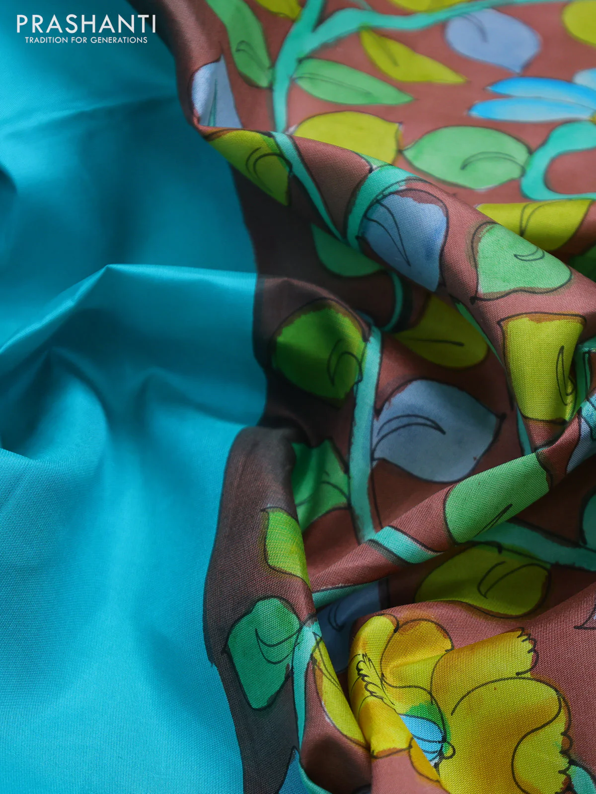 Pure soft silk saree teal blue and brown with plain body and hand painted kalamkari pallu - Image 3