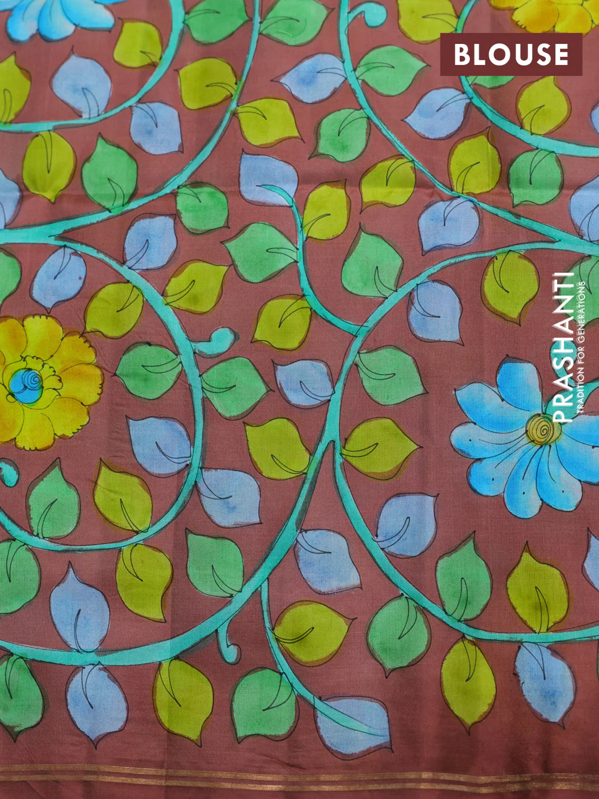 Pure soft silk saree teal blue and brown with plain body and hand painted kalamkari pallu - Image 4