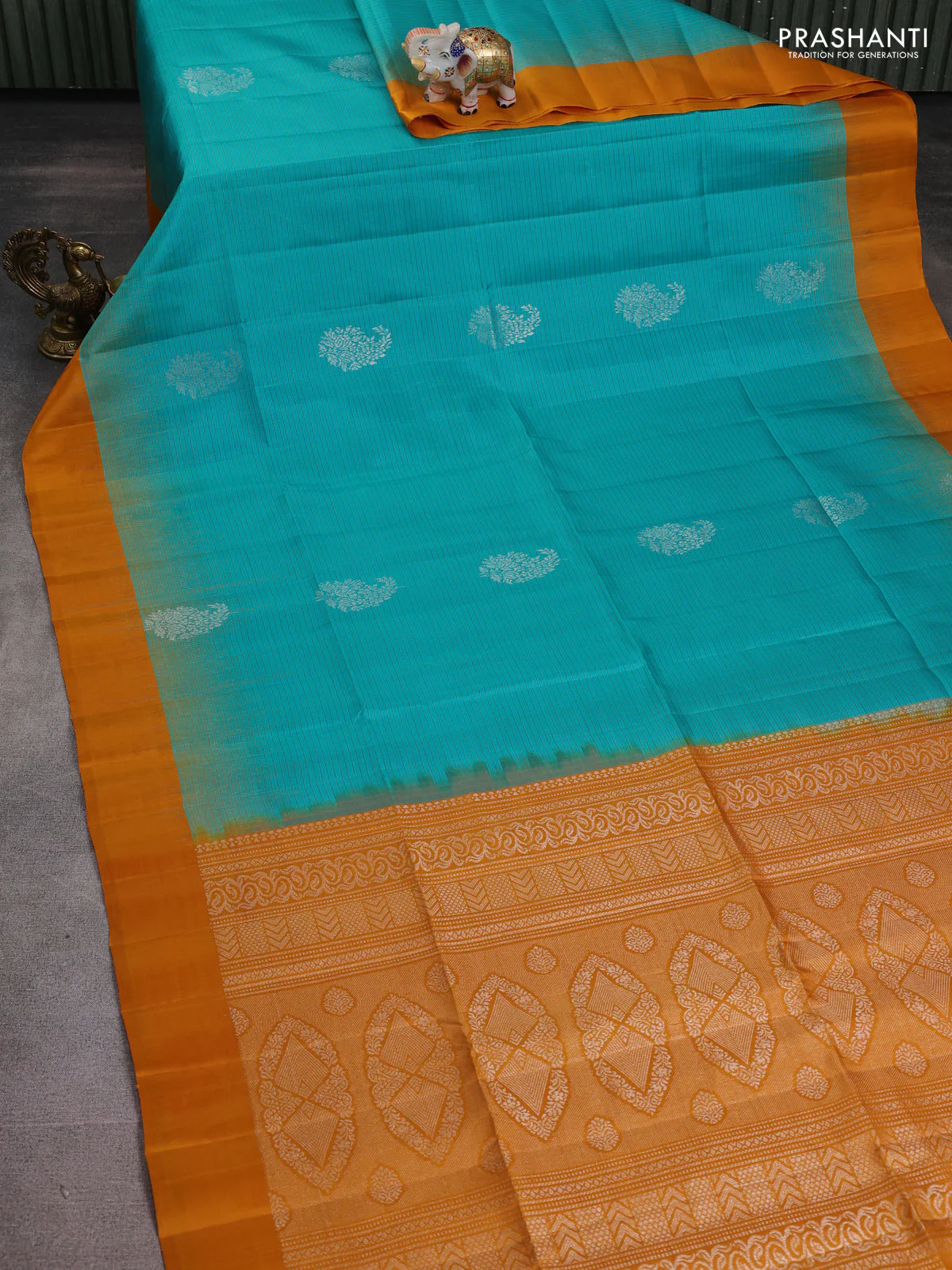 Pure soft silk saree teal blue and dark mustard with allover small checks & silver zari buttas and simple border - Image 2