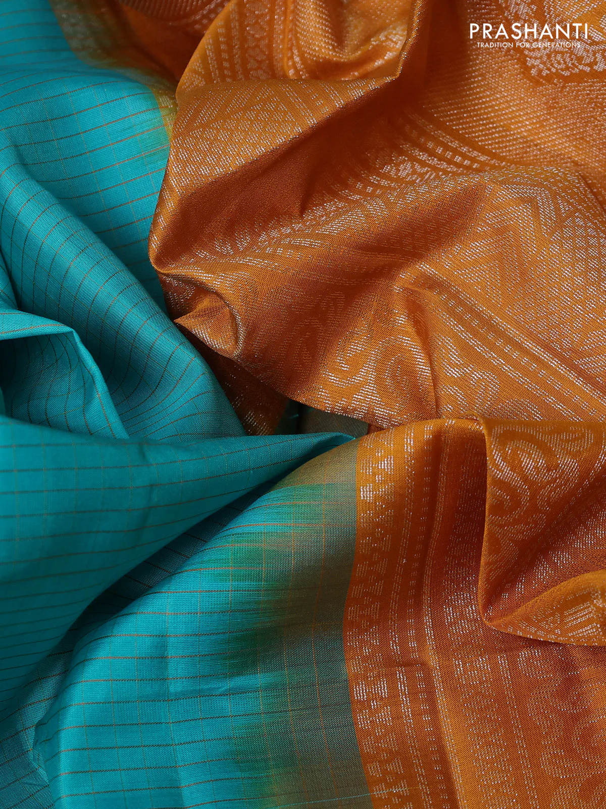 Pure soft silk saree teal blue and dark mustard with allover small checks & silver zari buttas and simple border - Image 3