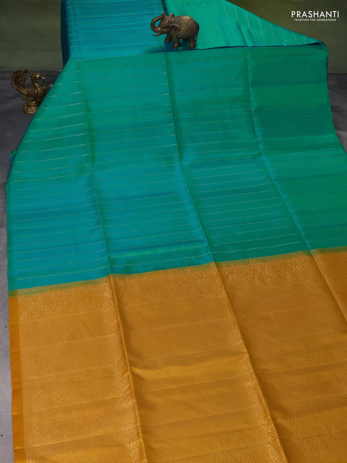 Pure soft silk saree teal blue and mustard yellow with allover silver zari stripes pattern in borderless style - Image 2