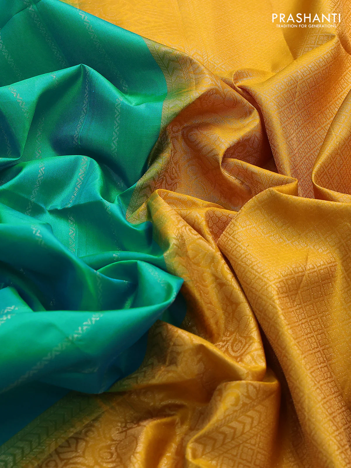 Pure soft silk saree teal blue and mustard yellow with allover silver zari stripes pattern in borderless style - Image 3