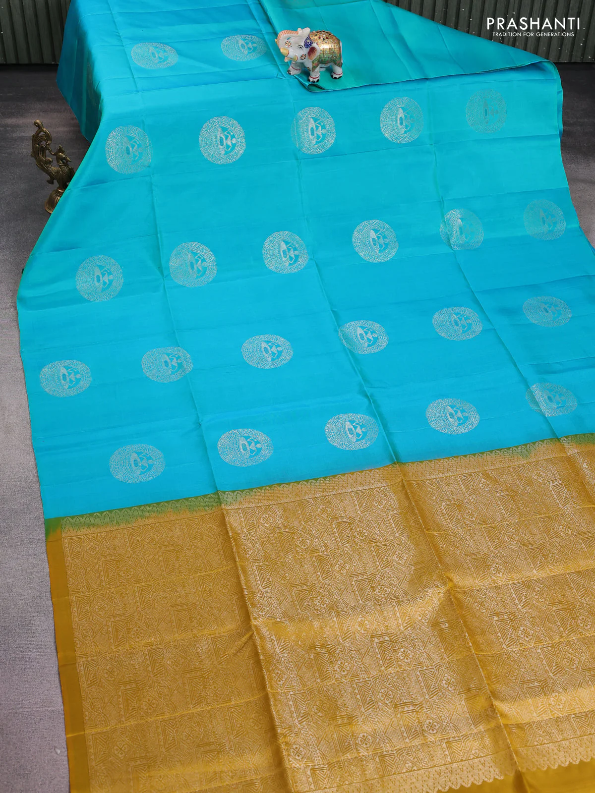 Pure soft silk saree teal blue and mustard yellow with silver zari woven buttas in borderless style - Image 2