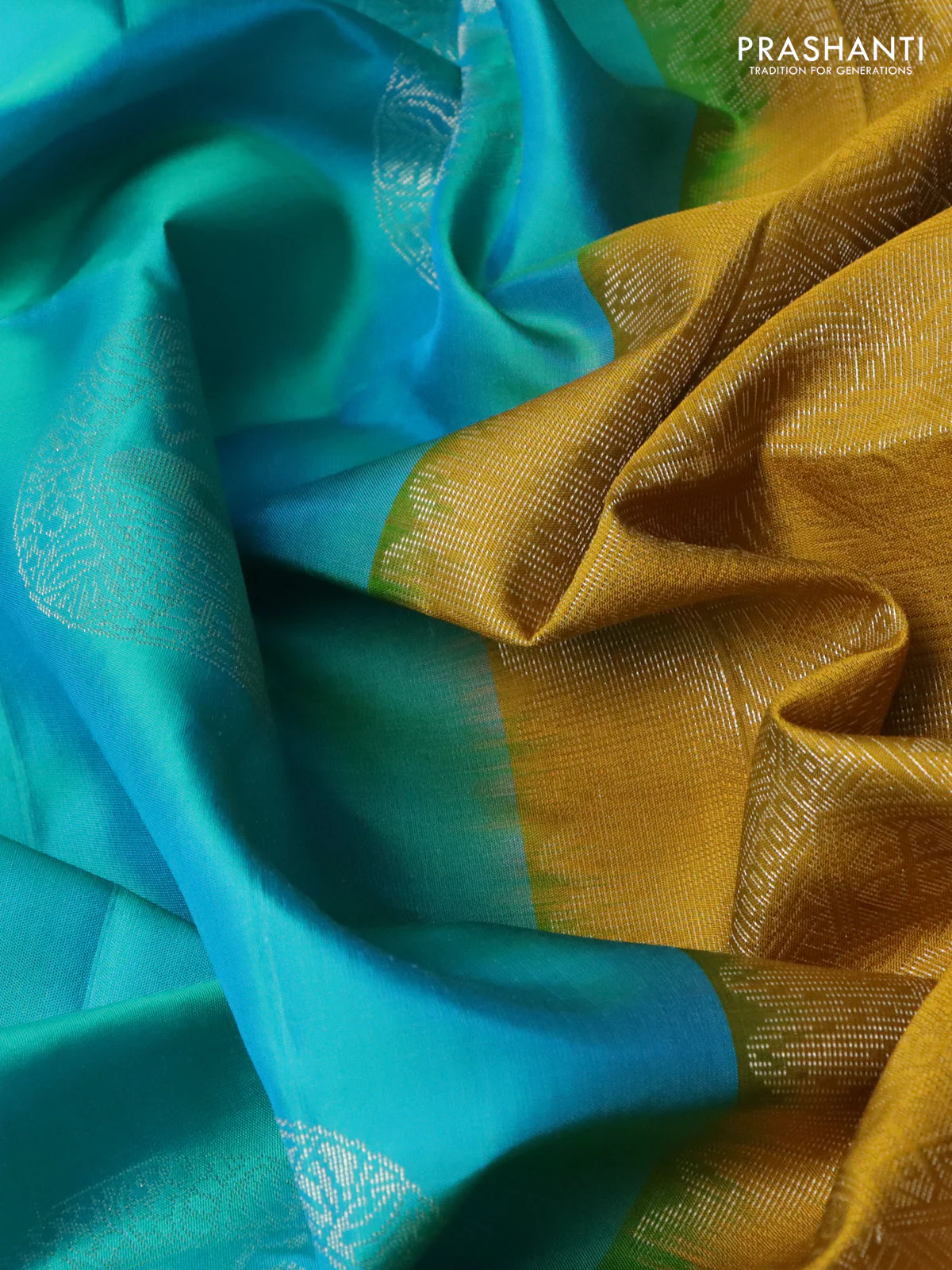 Pure soft silk saree teal blue and mustard yellow with silver zari woven buttas in borderless style - Image 3