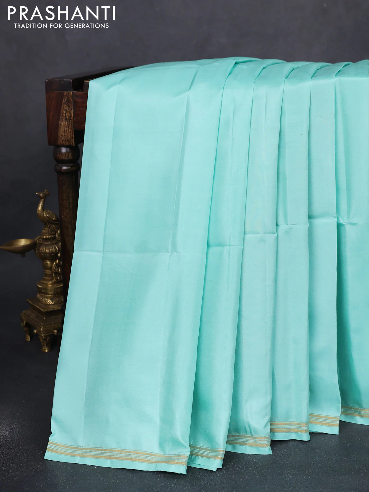 Pure soft silk saree teal blue and orange with plain body and kalamkari hand painted pallu - Image 2