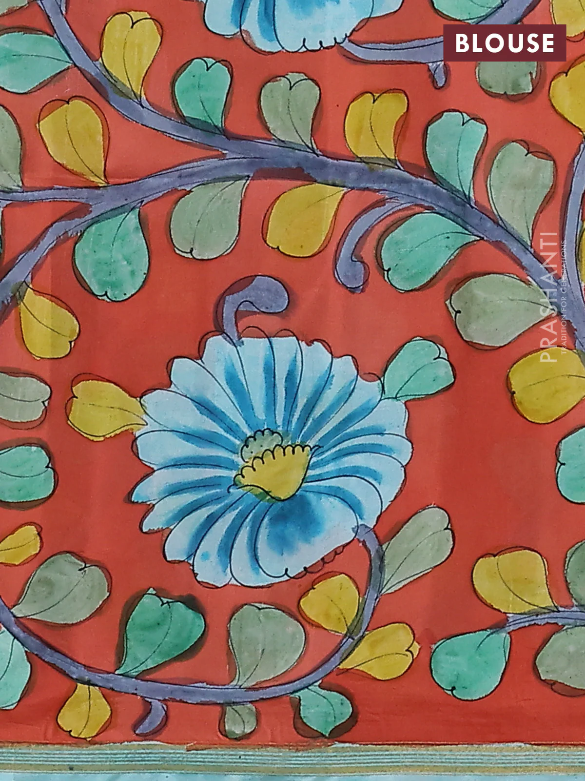Pure soft silk saree teal blue and orange with plain body and kalamkari hand painted pallu - Image 3
