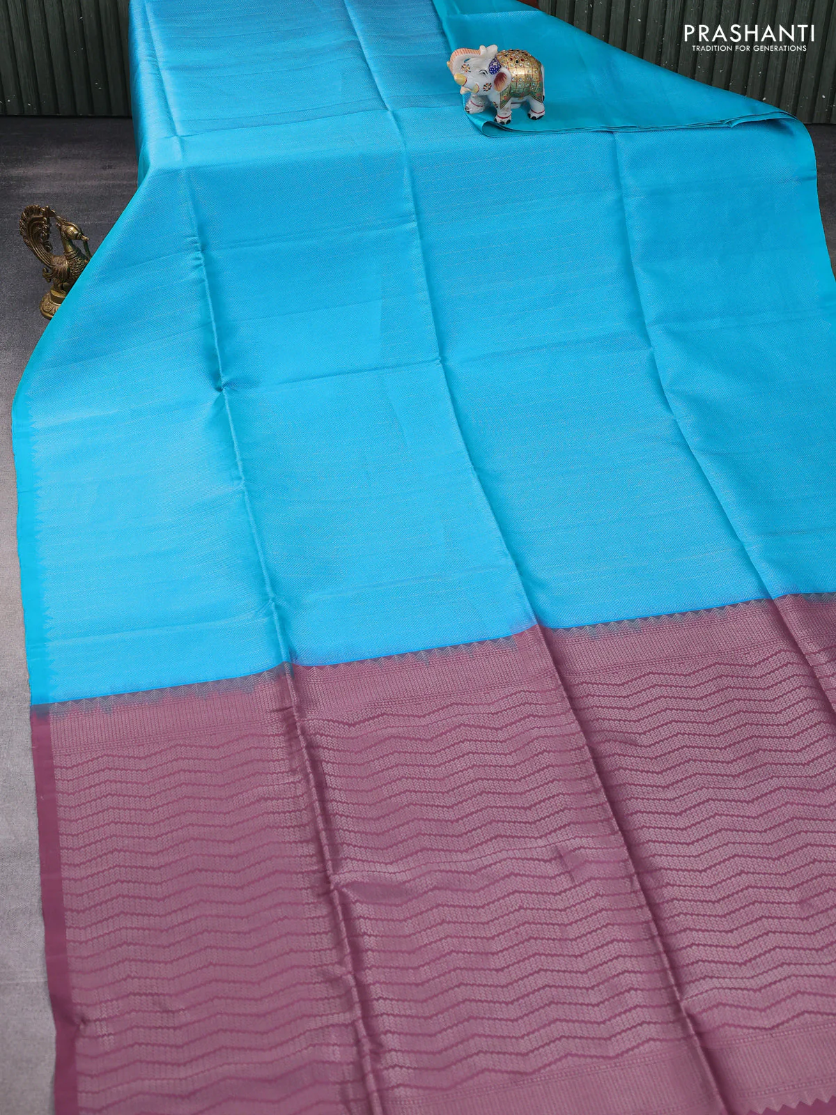Pure soft silk saree teal blue and pastel purple with allover silver zari brocade weaves in borderless style - Image 2