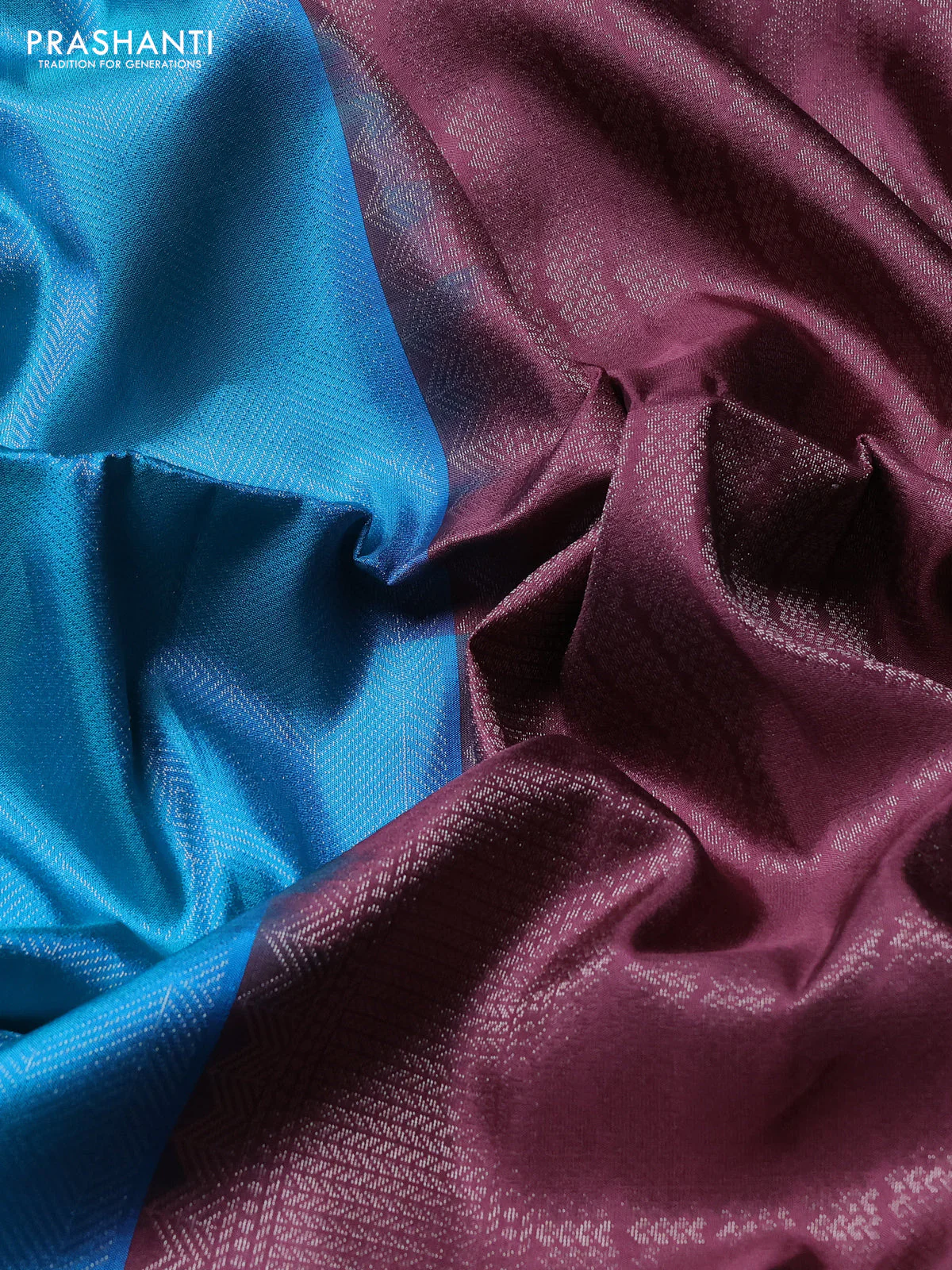 Pure soft silk saree teal blue and pastel purple with allover silver zari brocade weaves in borderless style - Image 3