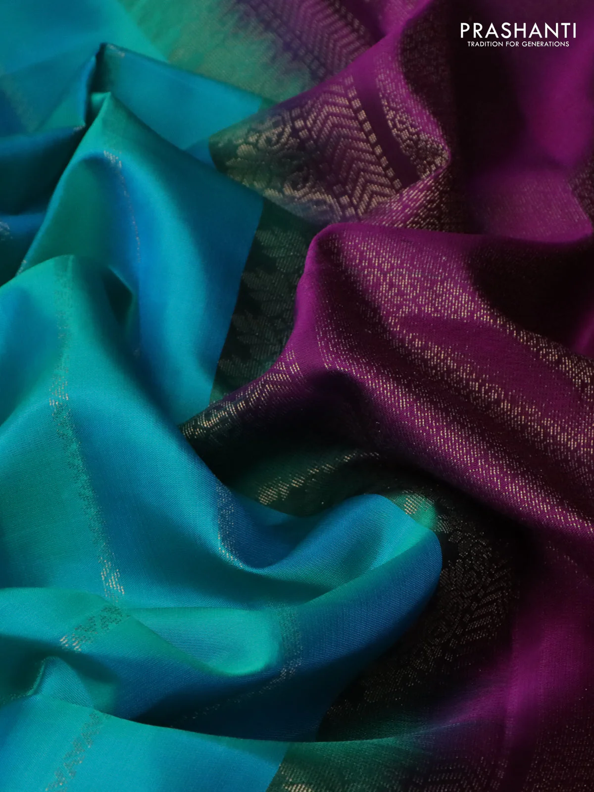 Pure soft silk saree teal blue and purple with allover zari stripes pattern in borderless style - Image 3
