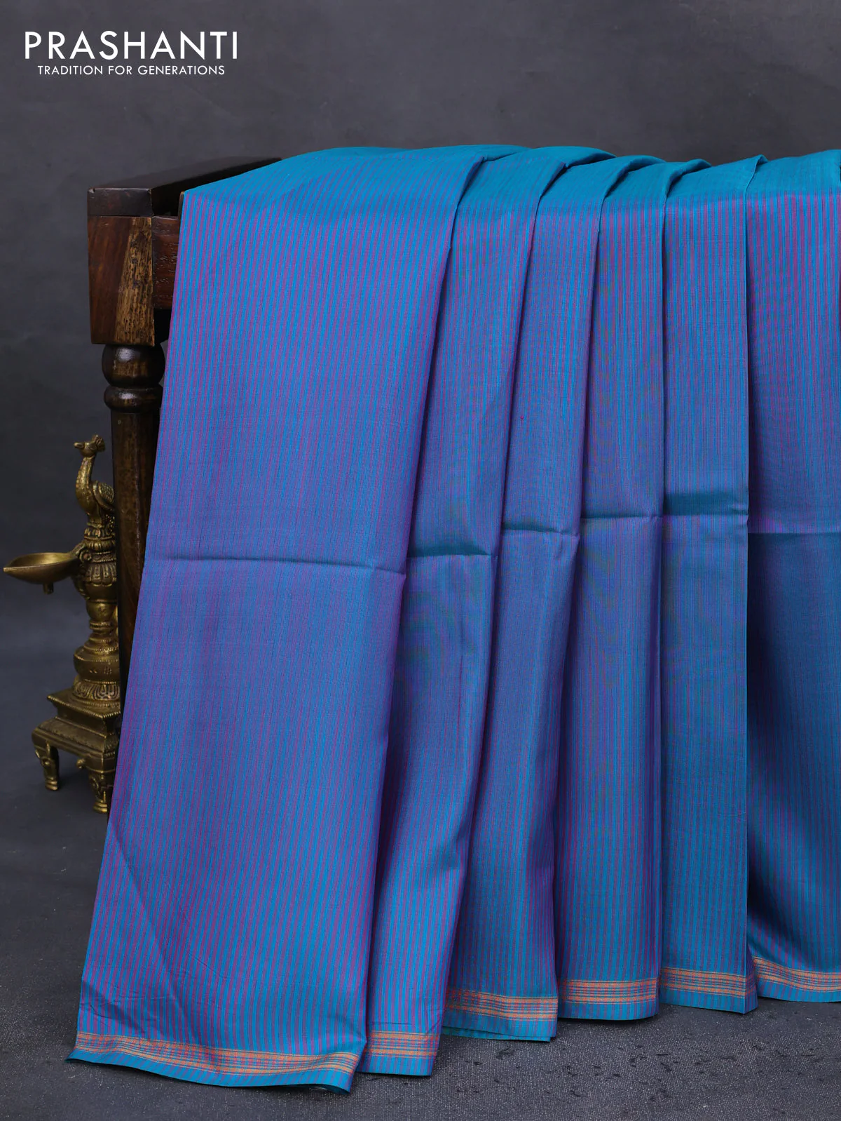 Pure soft silk saree teal blue and rustic orange with allover stripes pattern and hand painted kalamkari printed pallu - Image 2