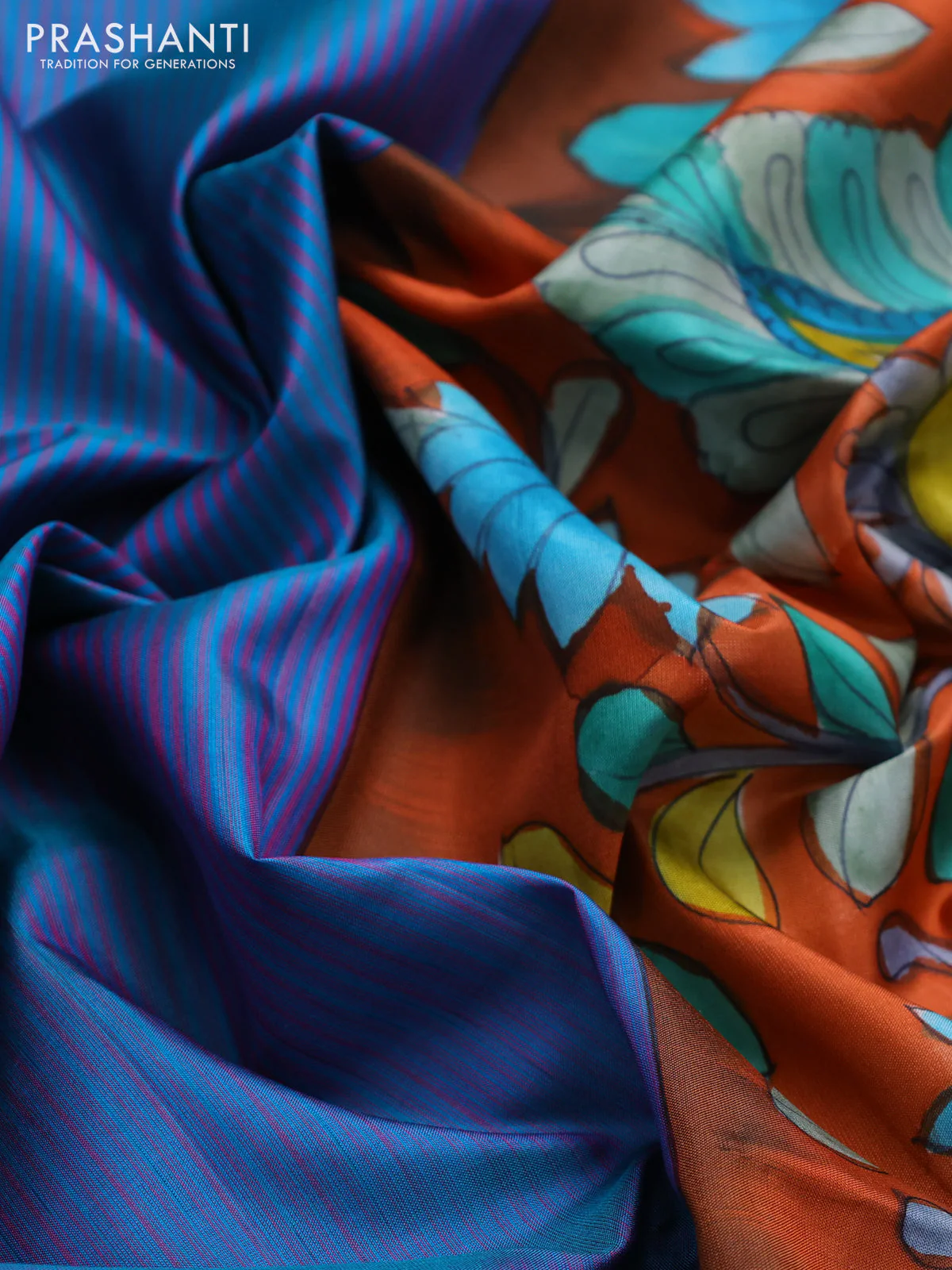 Pure soft silk saree teal blue and rustic orange with allover stripes pattern and hand painted kalamkari printed pallu - Image 3
