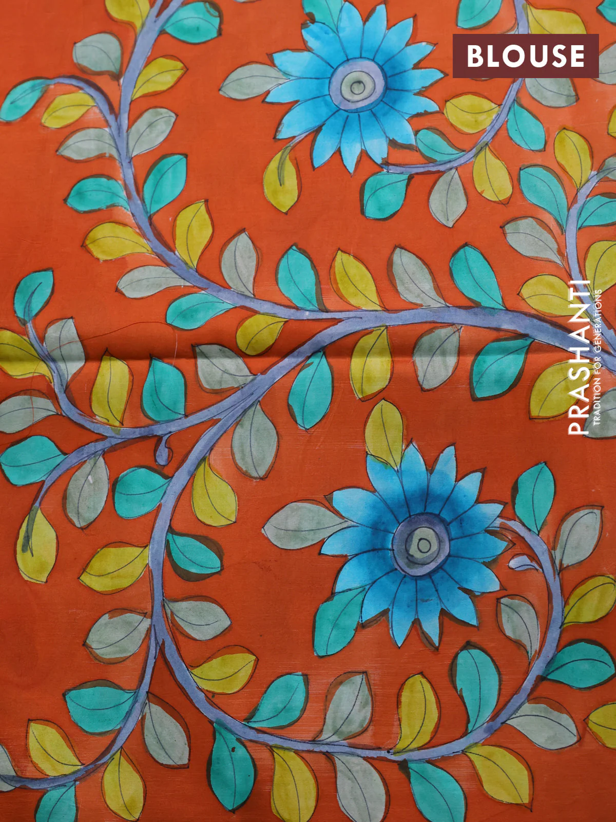 Pure soft silk saree teal blue and rustic orange with allover stripes pattern and hand painted kalamkari printed pallu - Image 4