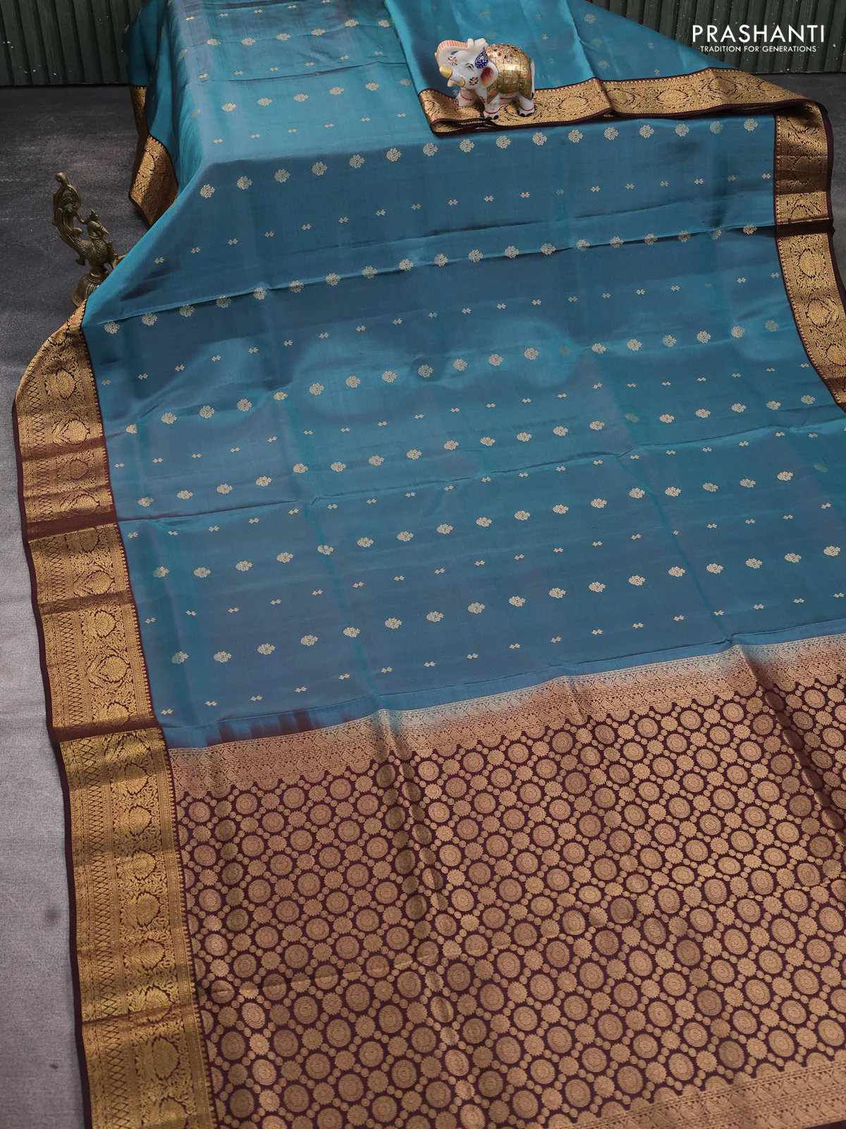 Pure soft silk saree teal blue shade and coffee brown with allover zari woven buttas and rich zari woven border - Image 2