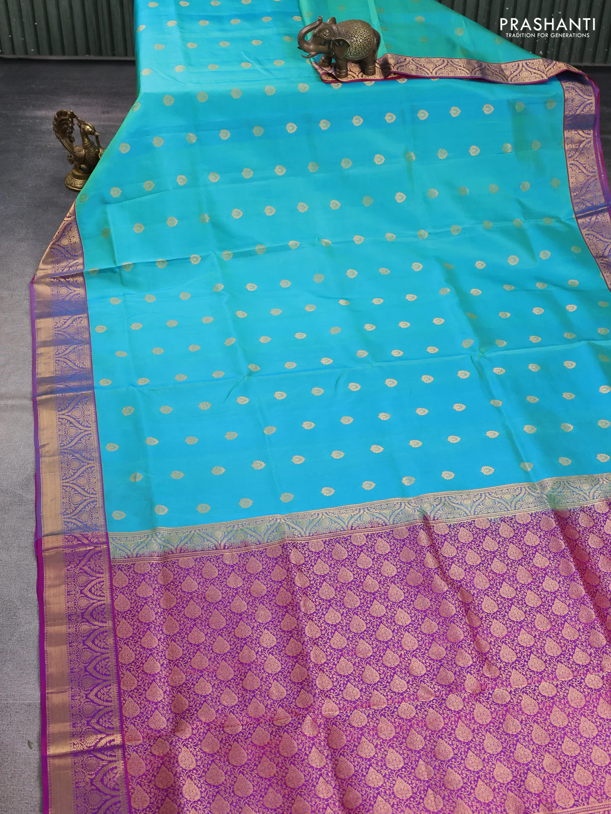 Pure soft silk saree teal blue shade and magenta pink with allover zari woven buttas and zari woven border - Image 2