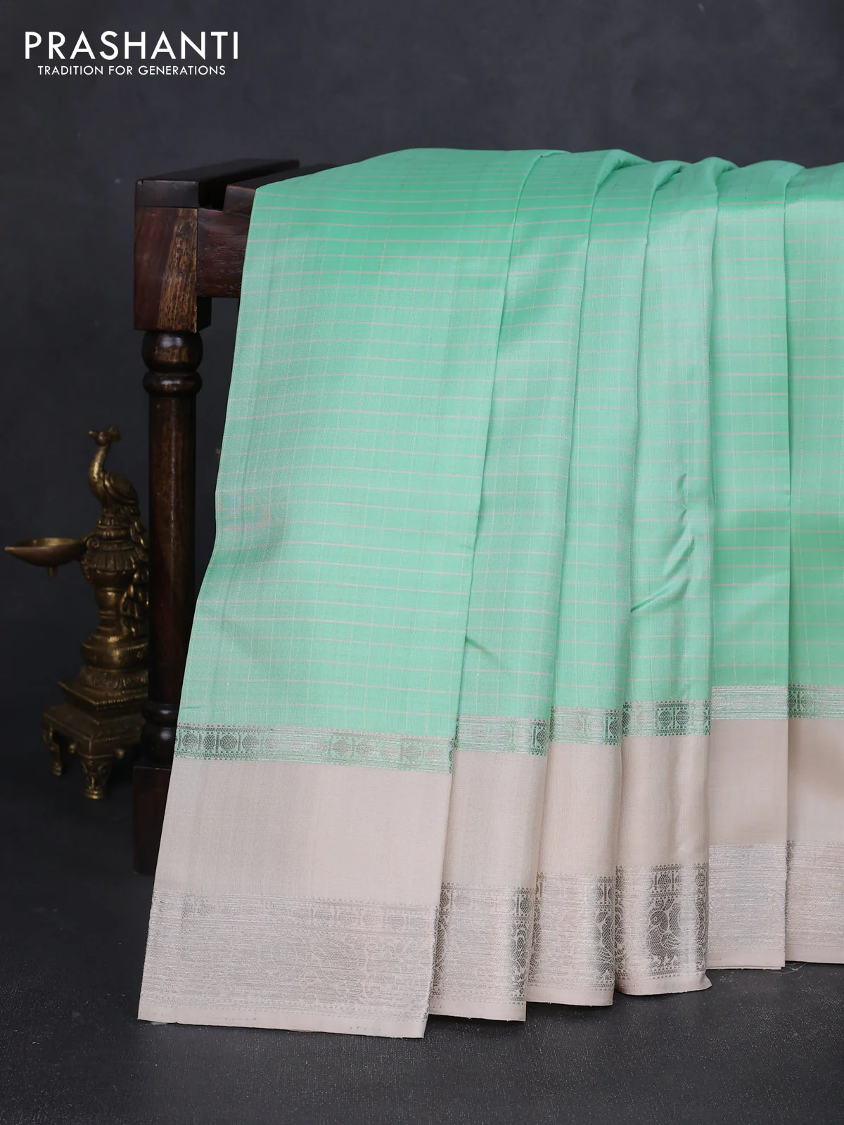 Pure soft silk saree teal green and beige with allover thread checked pattern and rettapet zari woven border