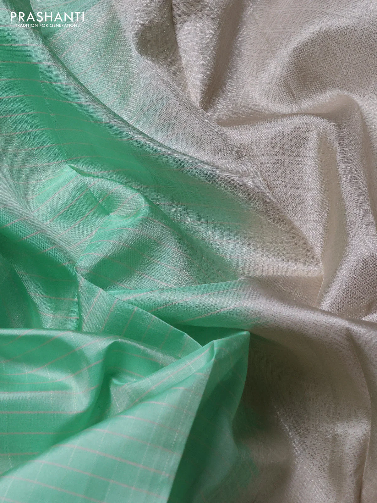 Pure soft silk saree teal green and beige with allover thread checked pattern and rettapet zari woven border - Image 3