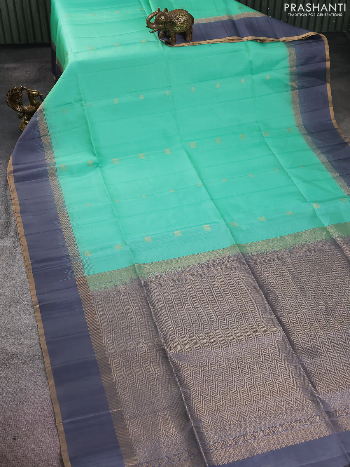 Pure soft silk saree teal green and grey with allover zari weaves and rettapet zari woven border - Image 2