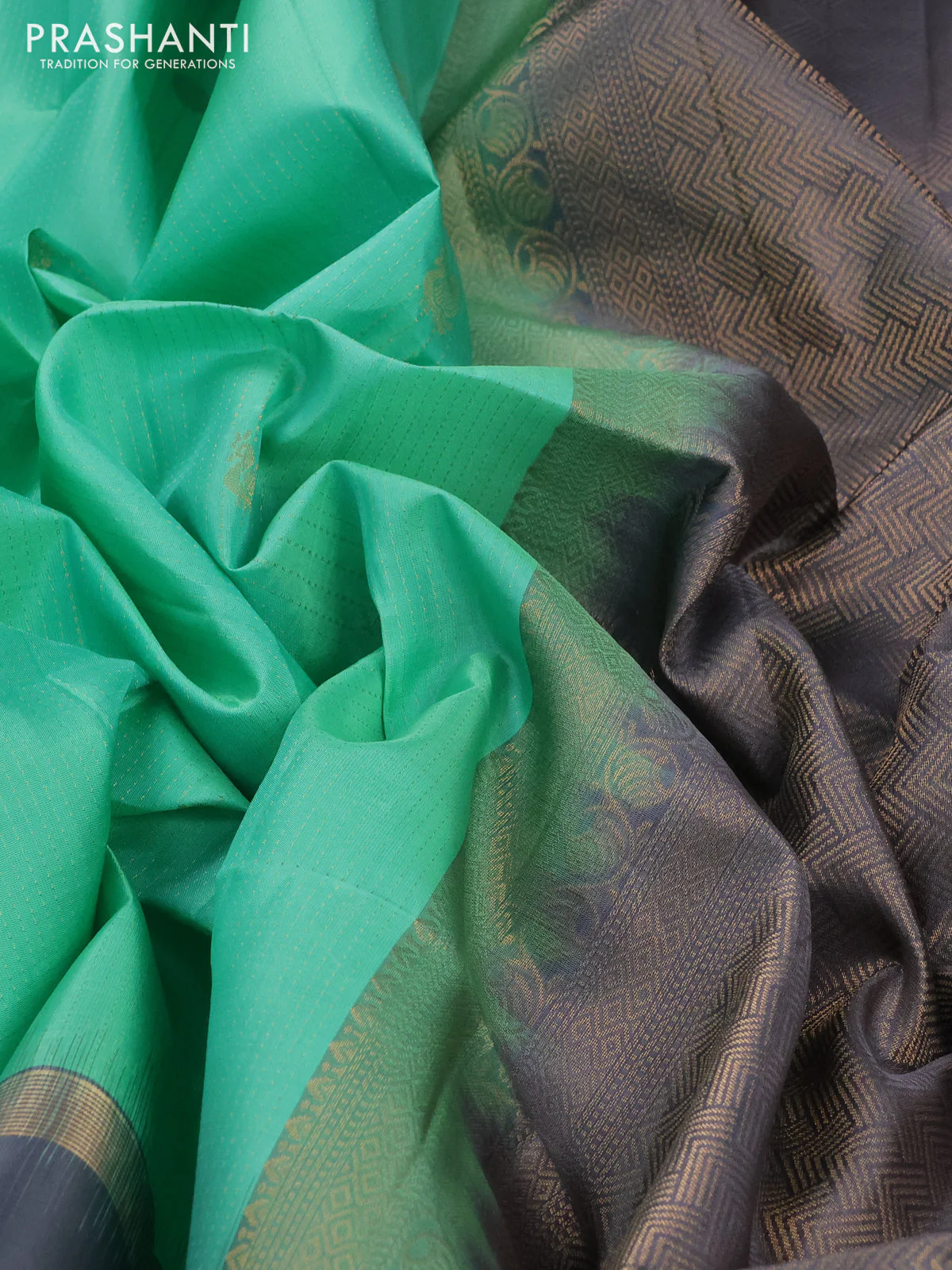 Pure soft silk saree teal green and grey with allover zari weaves and rettapet zari woven border - Image 3