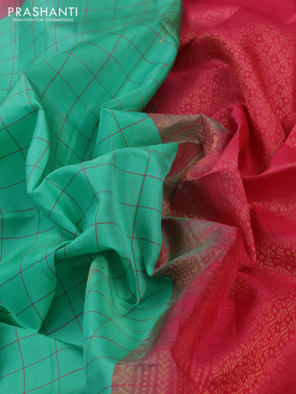 Pure soft silk saree teal green and peach pink with allover checked pattern & zari buttas and simple border - Image 3