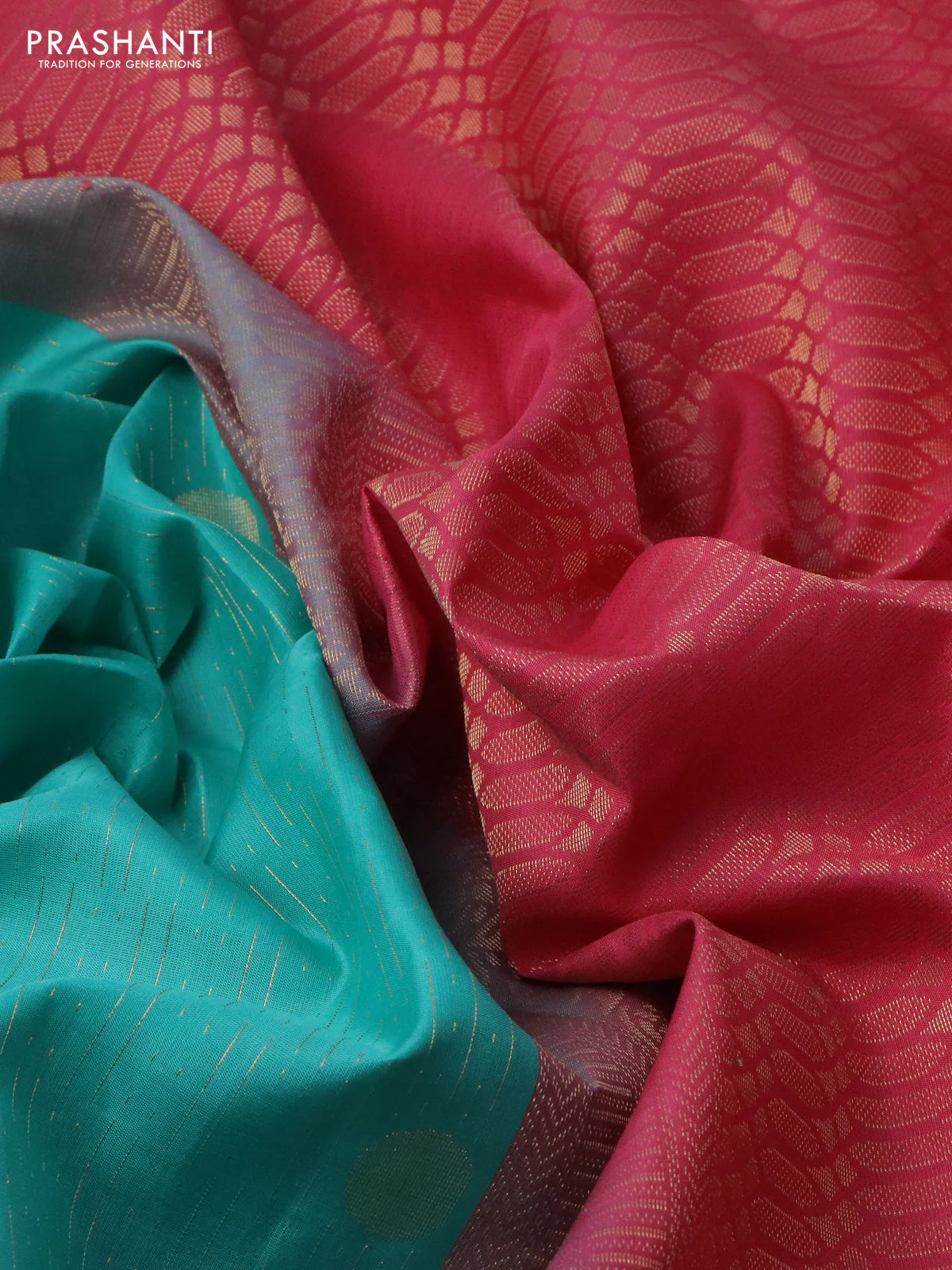 Pure soft silk saree teal green and pink with allover zari weaves and zari woven simple border - Image 3