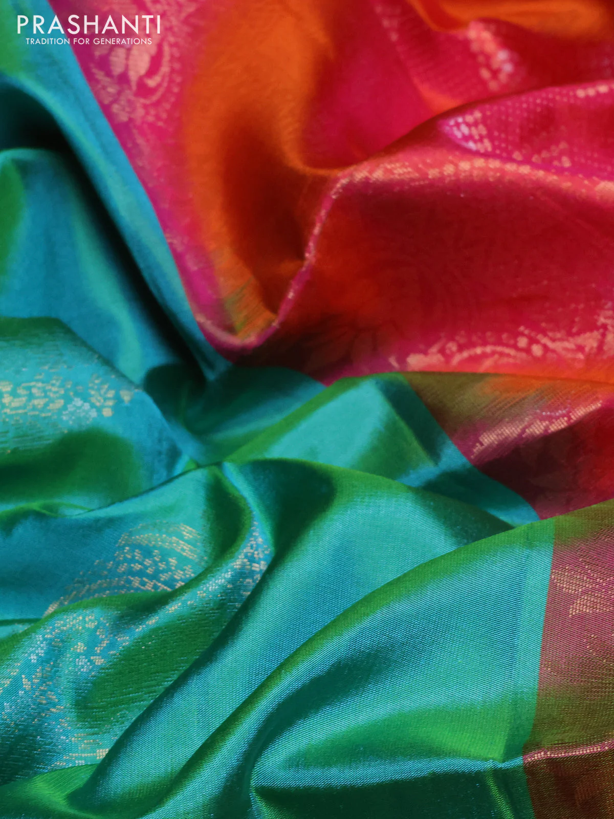 Pure soft silk saree teal green and pinkish orange with zari woven buttas and rettapet zari woven border - Image 3
