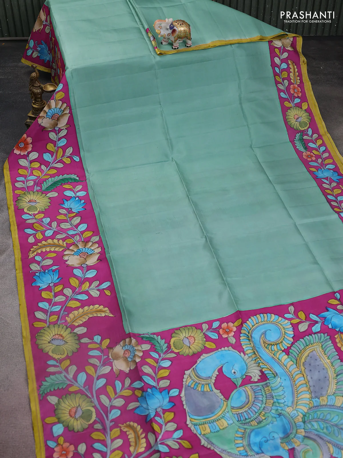 Pure soft silk saree teal green and purple with plain body and kalamkari hand painted border & pallu - Image 2