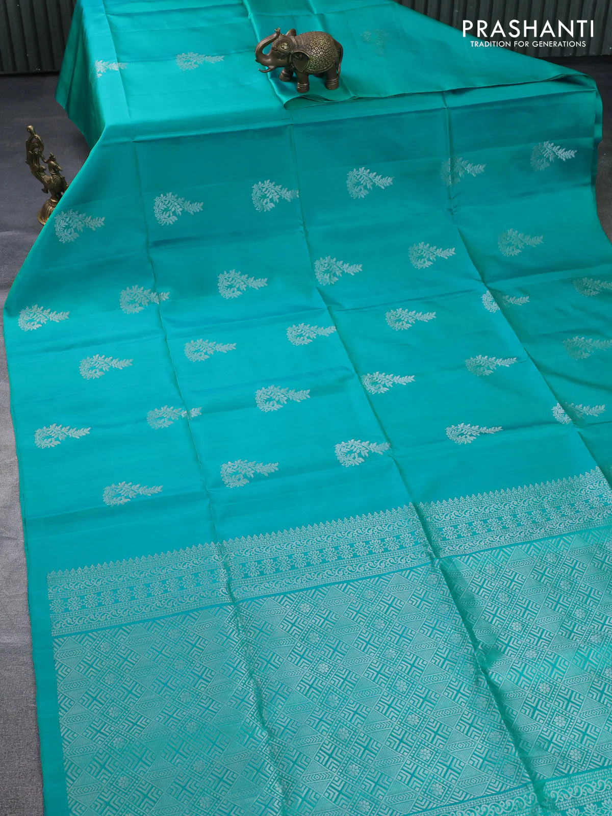 Pure soft silk saree teal green with silver zari woven buttas in borderless style - Image 2