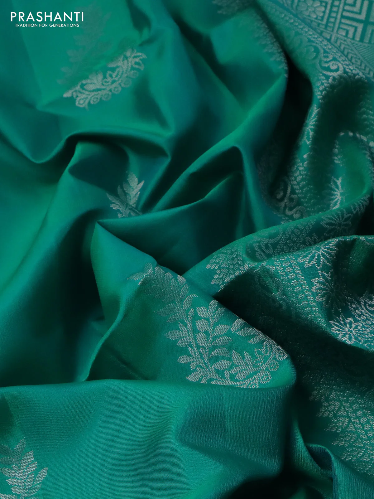 Pure soft silk saree teal green with silver zari woven buttas in borderless style - Image 3